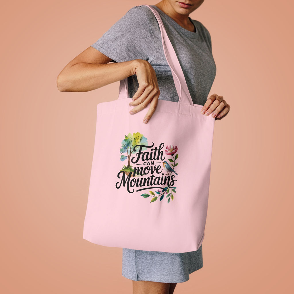 Faith Can Move Mountains Cotton Tote Bag – Floral Inspirational Grocery & Gift Tote