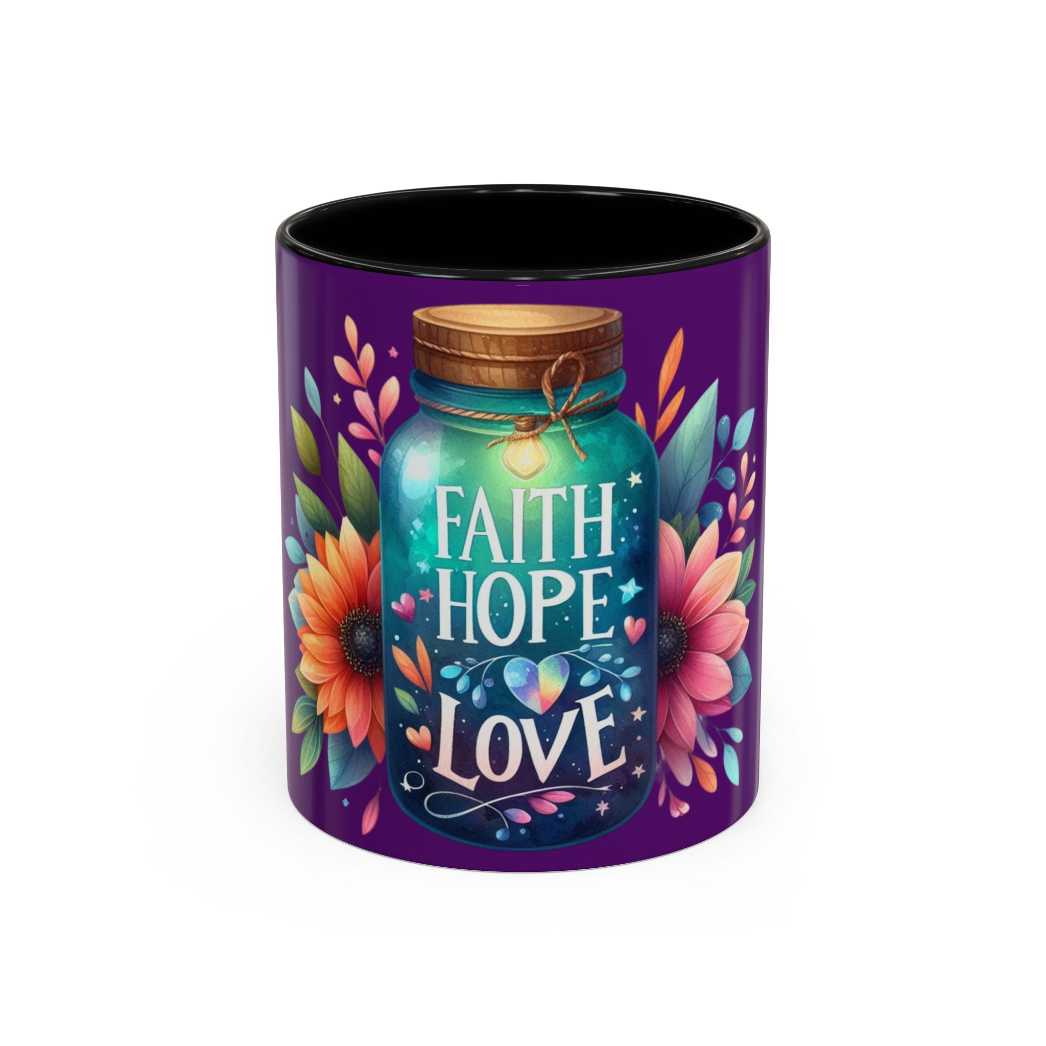 Faith Hope Love Accent Coffee Mug — Floral Jar Design (11/15 oz)