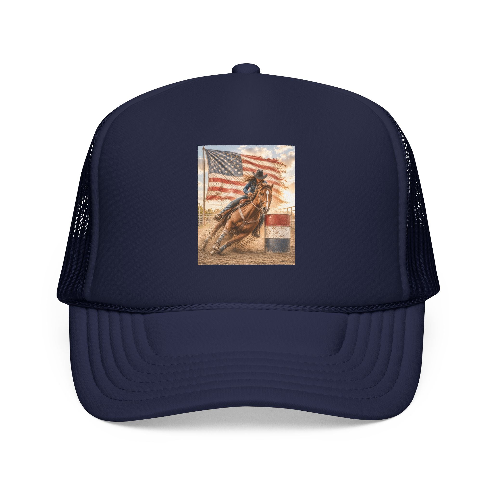 Western Rodeo Trucker Hat — Barrel Racing Horse with American Flag