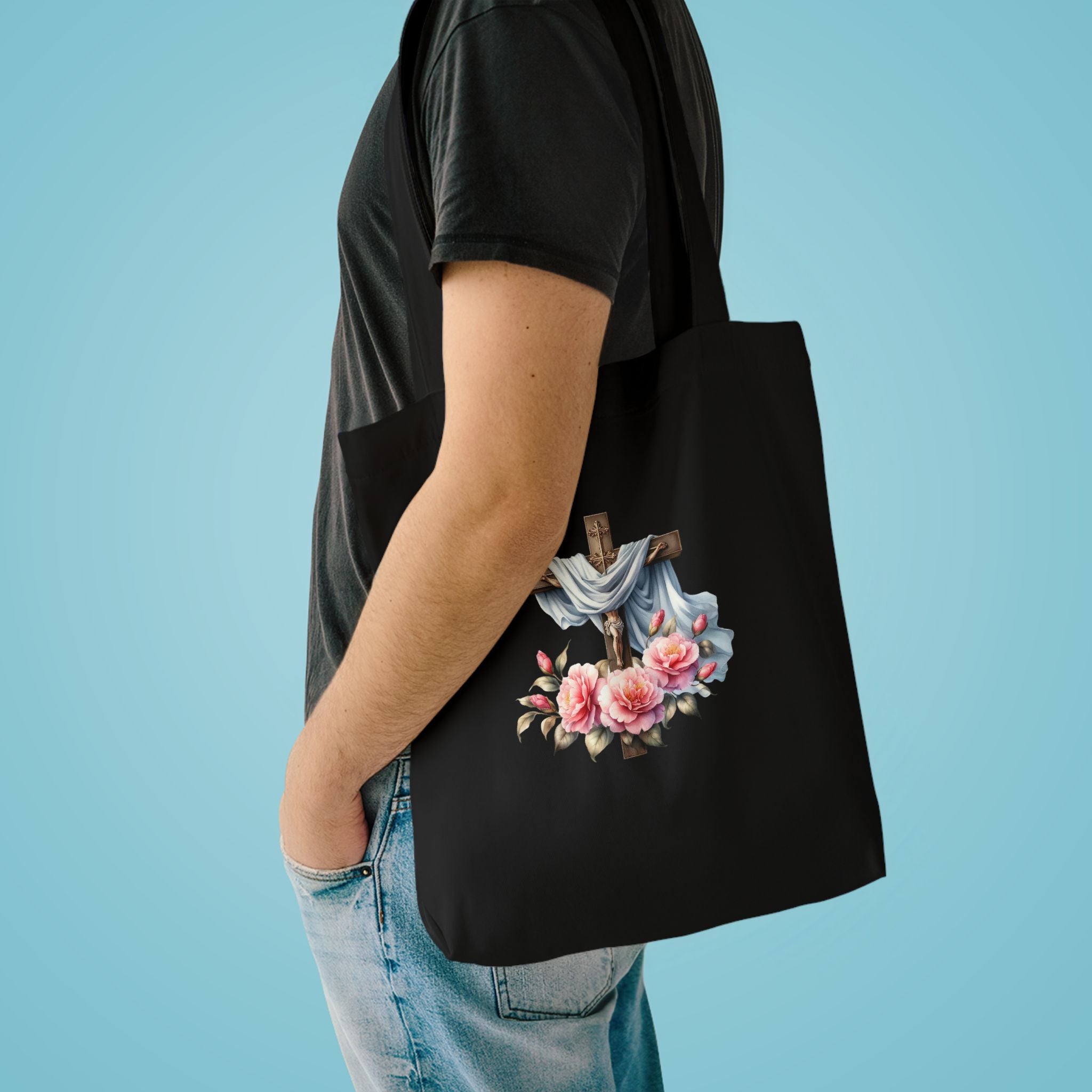 Religious Cross & Roses Cotton Tote Bag — Faith Floral Market Bag