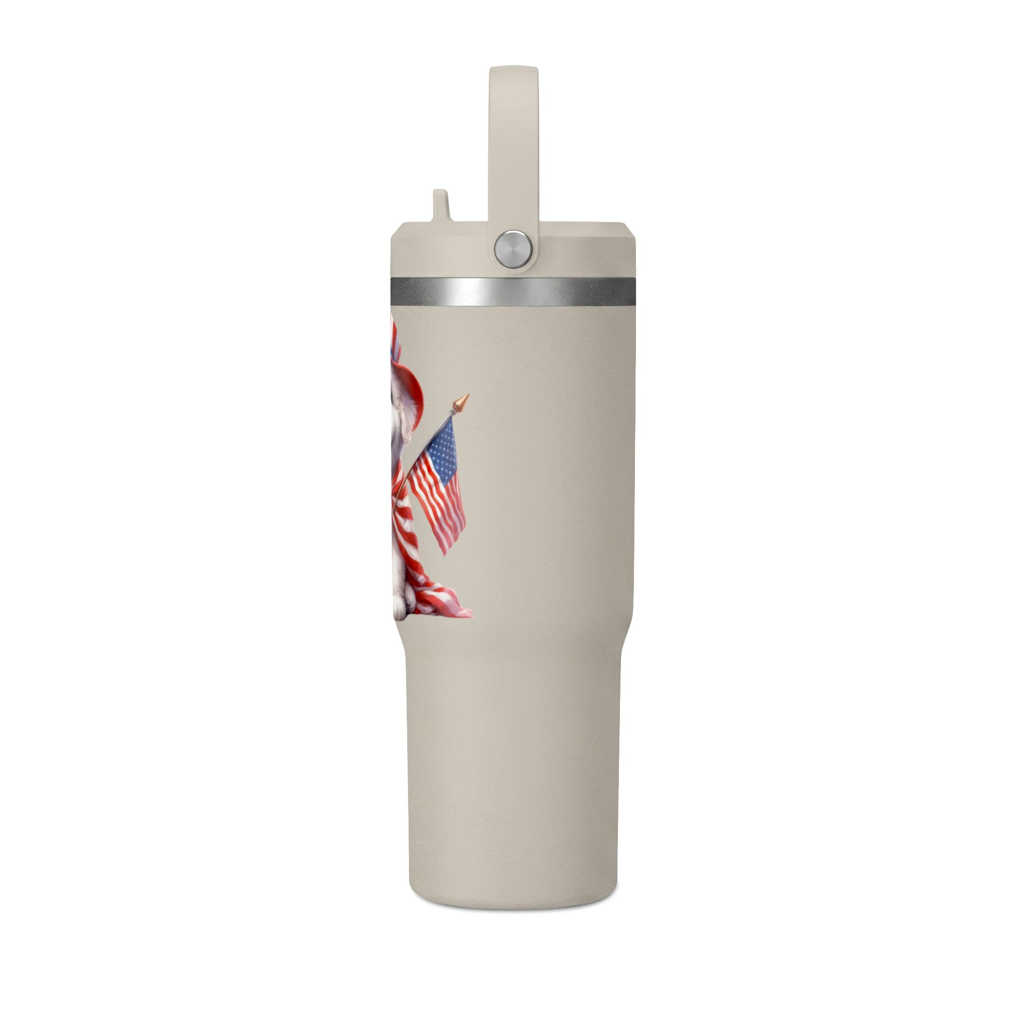 Patriotic Pup Tumbler — 32oz Insulated Travel Cup with American Flag Dog Design