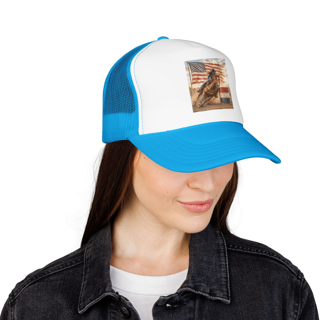 Western Rodeo Trucker Hat — Barrel Racing Horse with American Flag