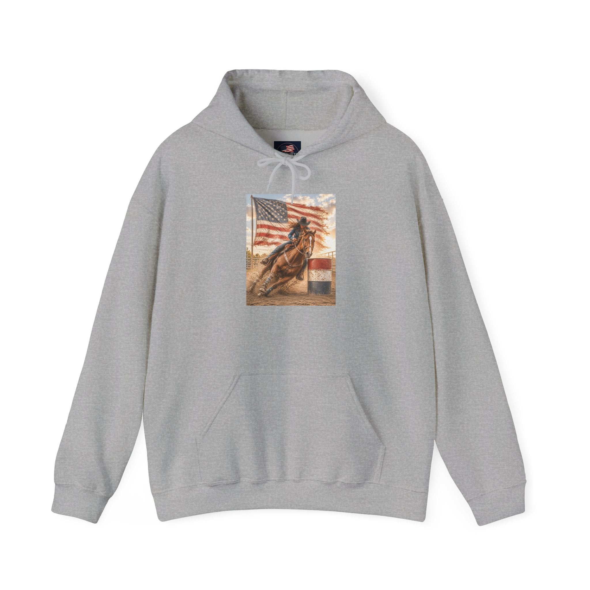 Patriotic Rodeo Horse Hoodie – American Flag Cowboy Pulled by Horse Pullover