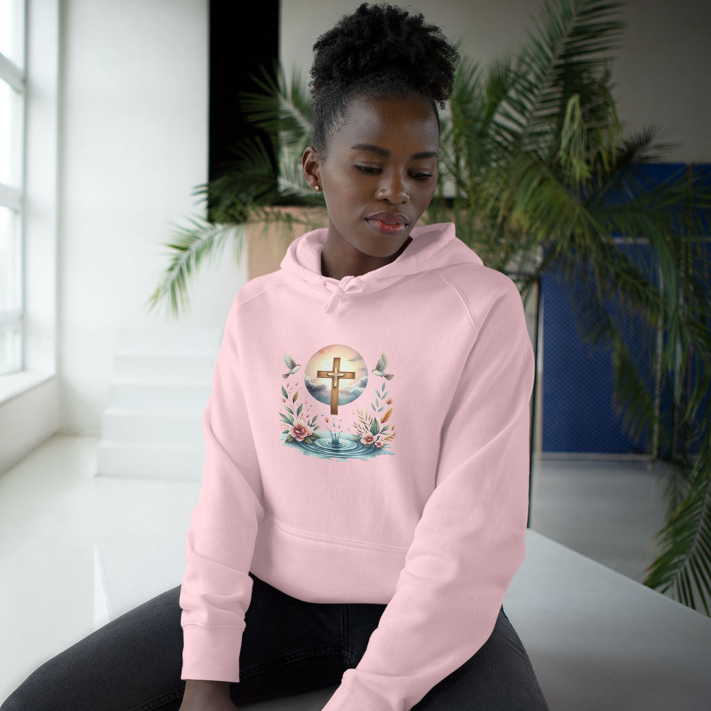 Christian Cross Floral Hoodie – Faith, Doves & Water Illustration