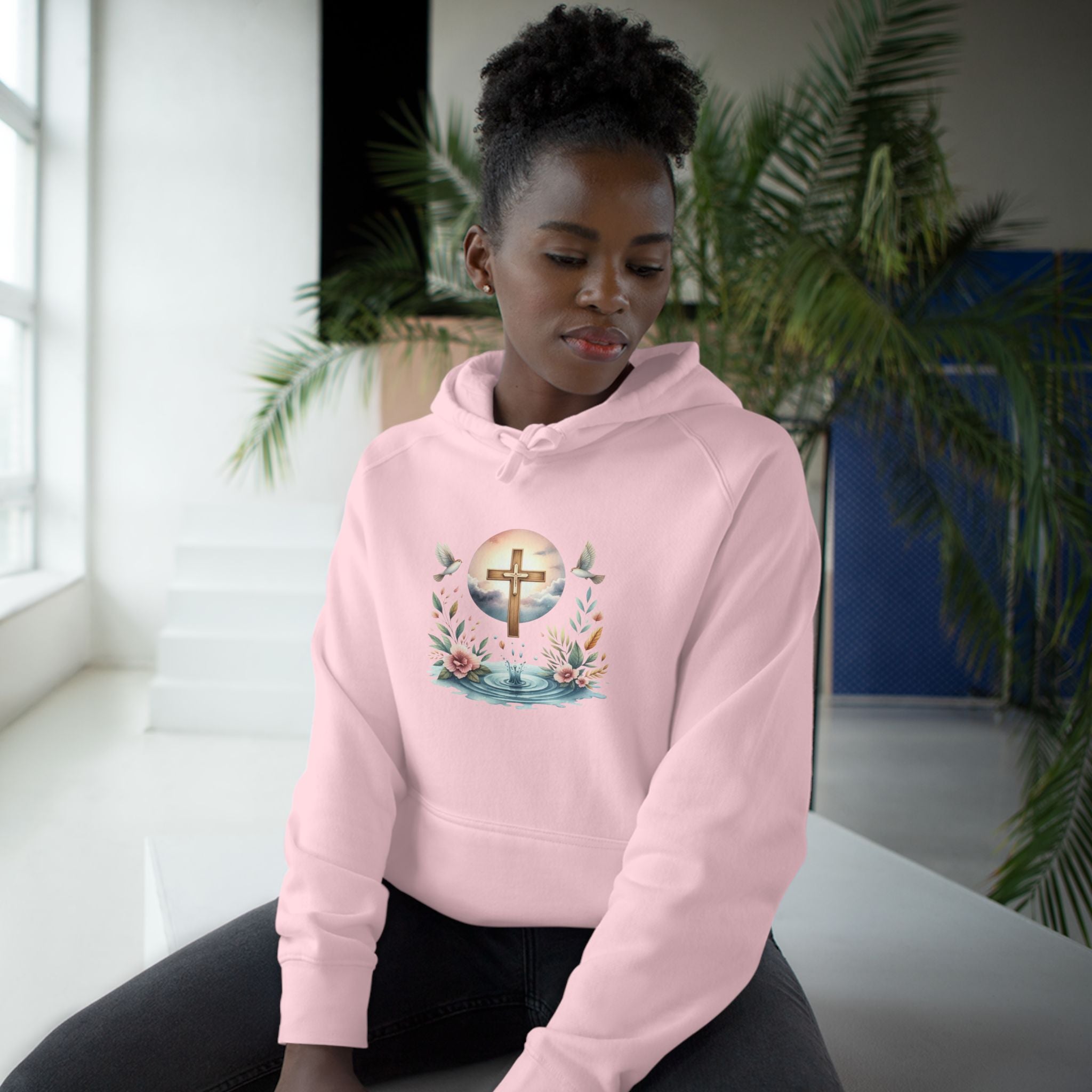Christian Cross Floral Hoodie – Faith, Doves & Water Illustration