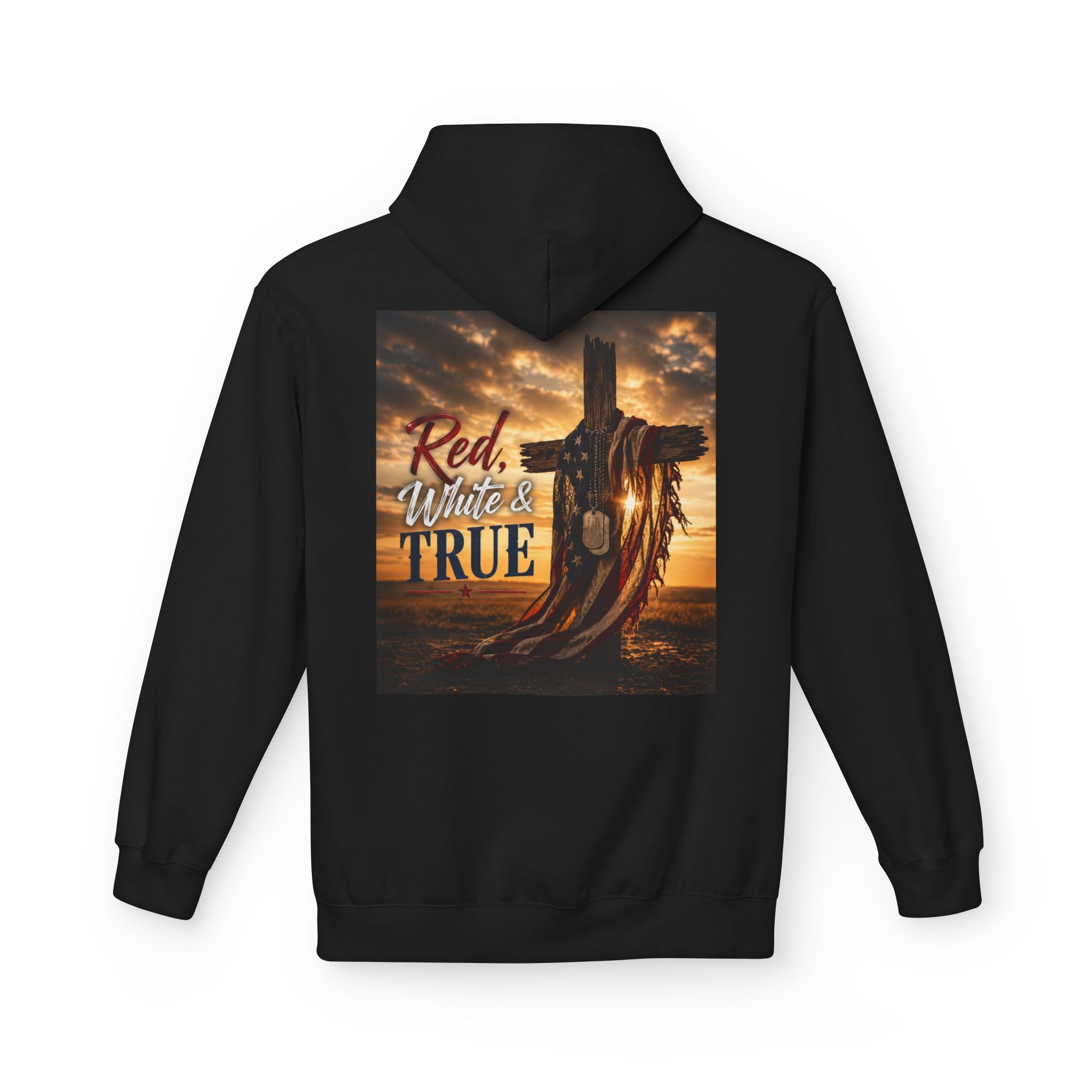 Red White & True Hoodie — Patriotic Cross Sunset Pullover
