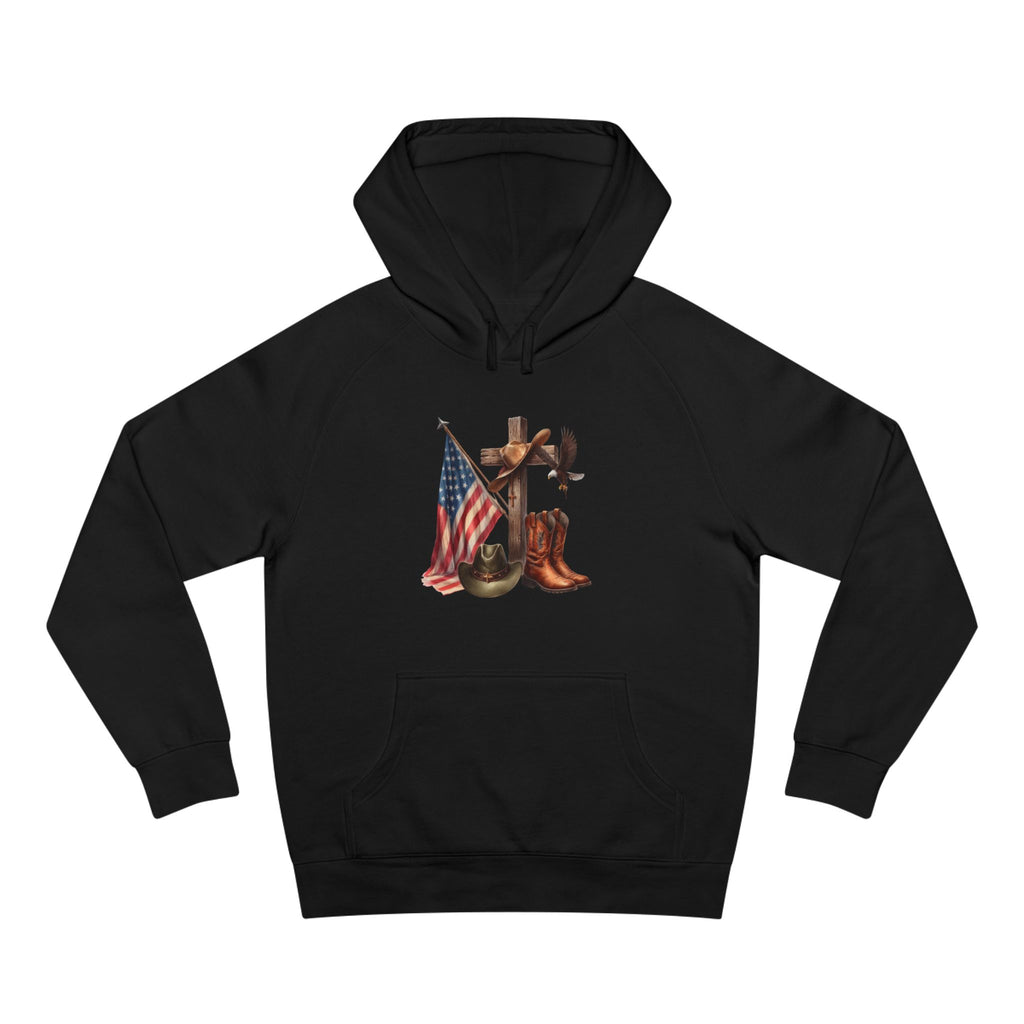 Patriotic Western Hoodie – American Flag, Cowboy Boots & Cross Graphic