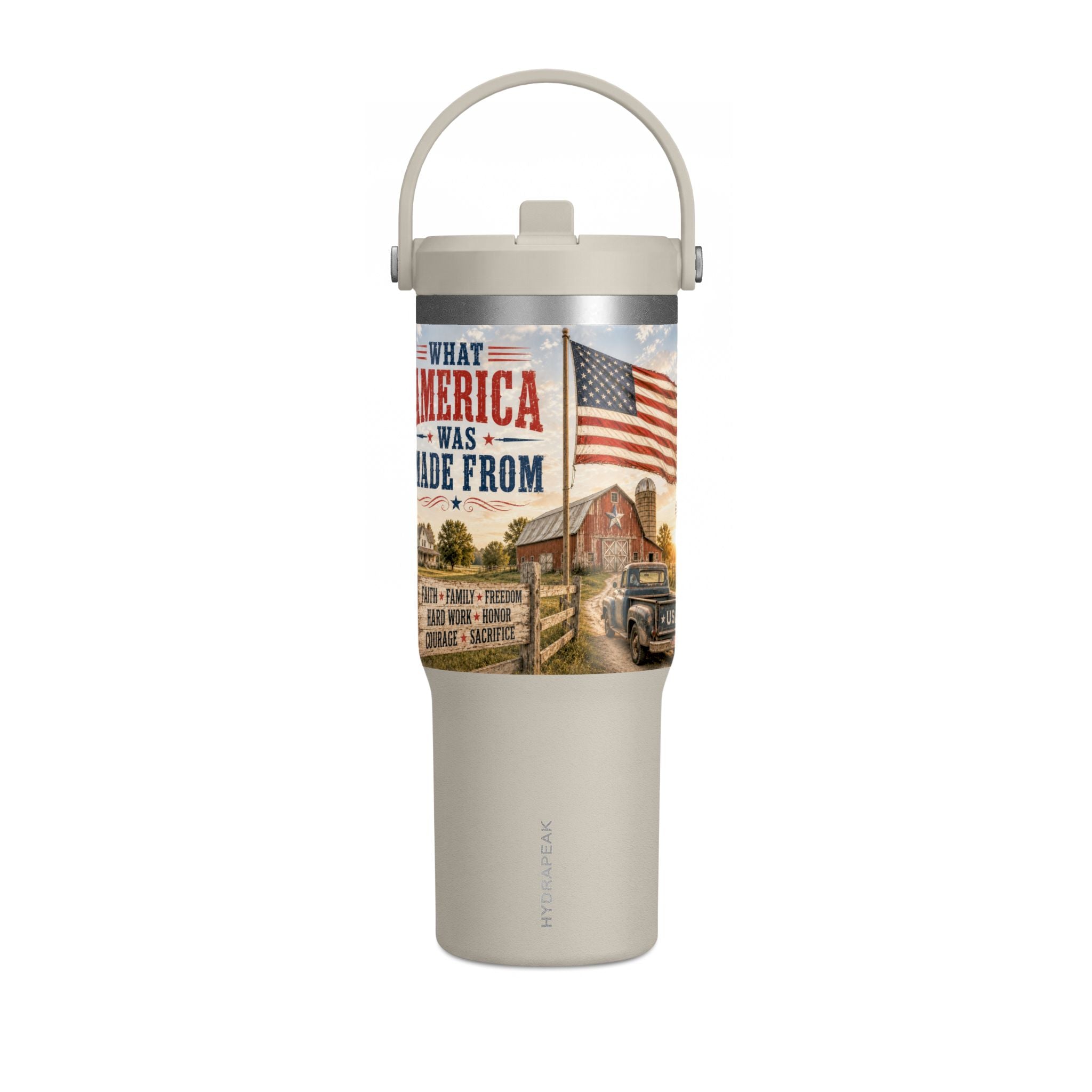 32oz Insulated Tumbler — Rustic 'What America Was Made From' Farm Flag Design