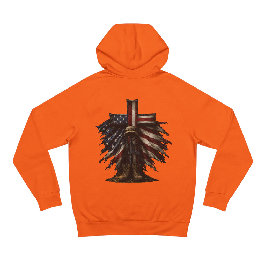 American Flag Cross Hoodie — Patriotic Skull & Wings Back Graphic