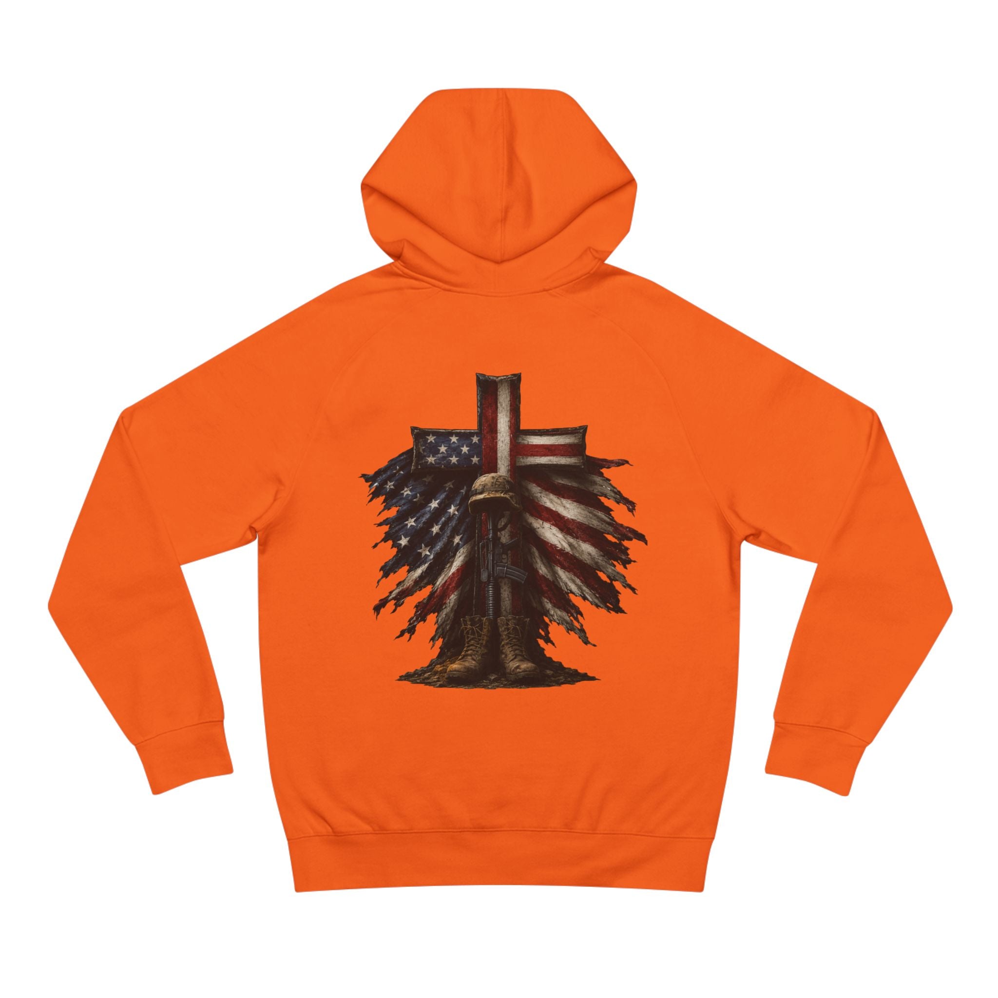 American Flag Cross Hoodie — Patriotic Skull & Wings Back Graphic