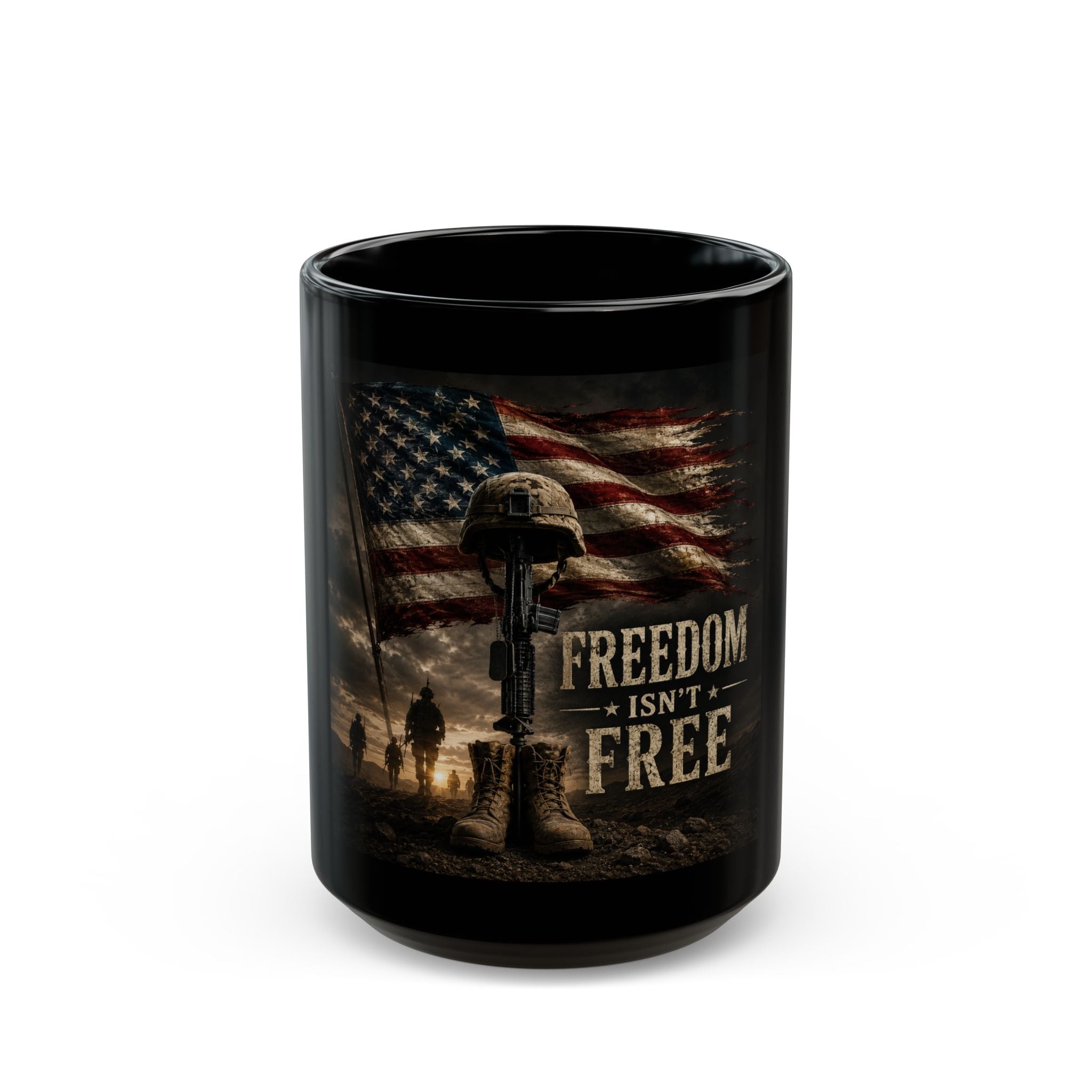 Freedom Isn't Free Black Mug — Military Tribute Coffee Cup, American Flag & Battlefield Memorial (11oz/15oz)