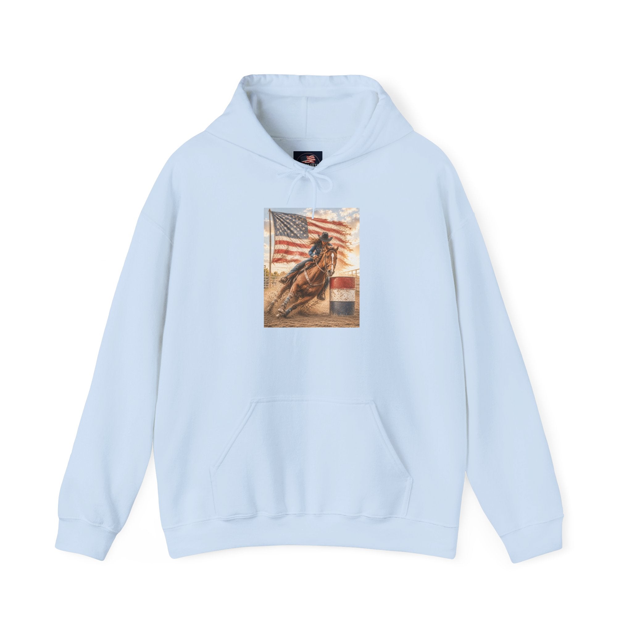 Patriotic Rodeo Horse Hoodie – American Flag Cowboy Pulled by Horse Pullover