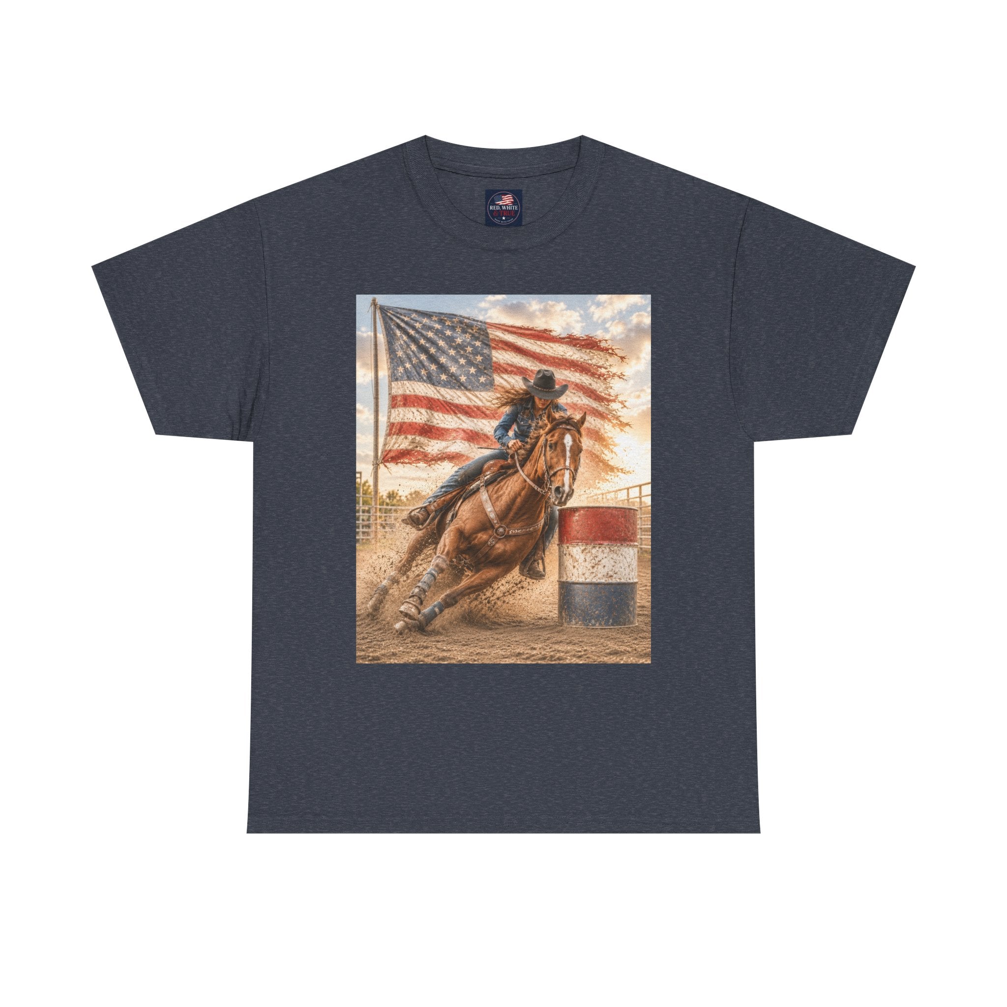 Patriotic Rodeo Barrel Racer T-Shirt — American Flag Horse Racing Tee