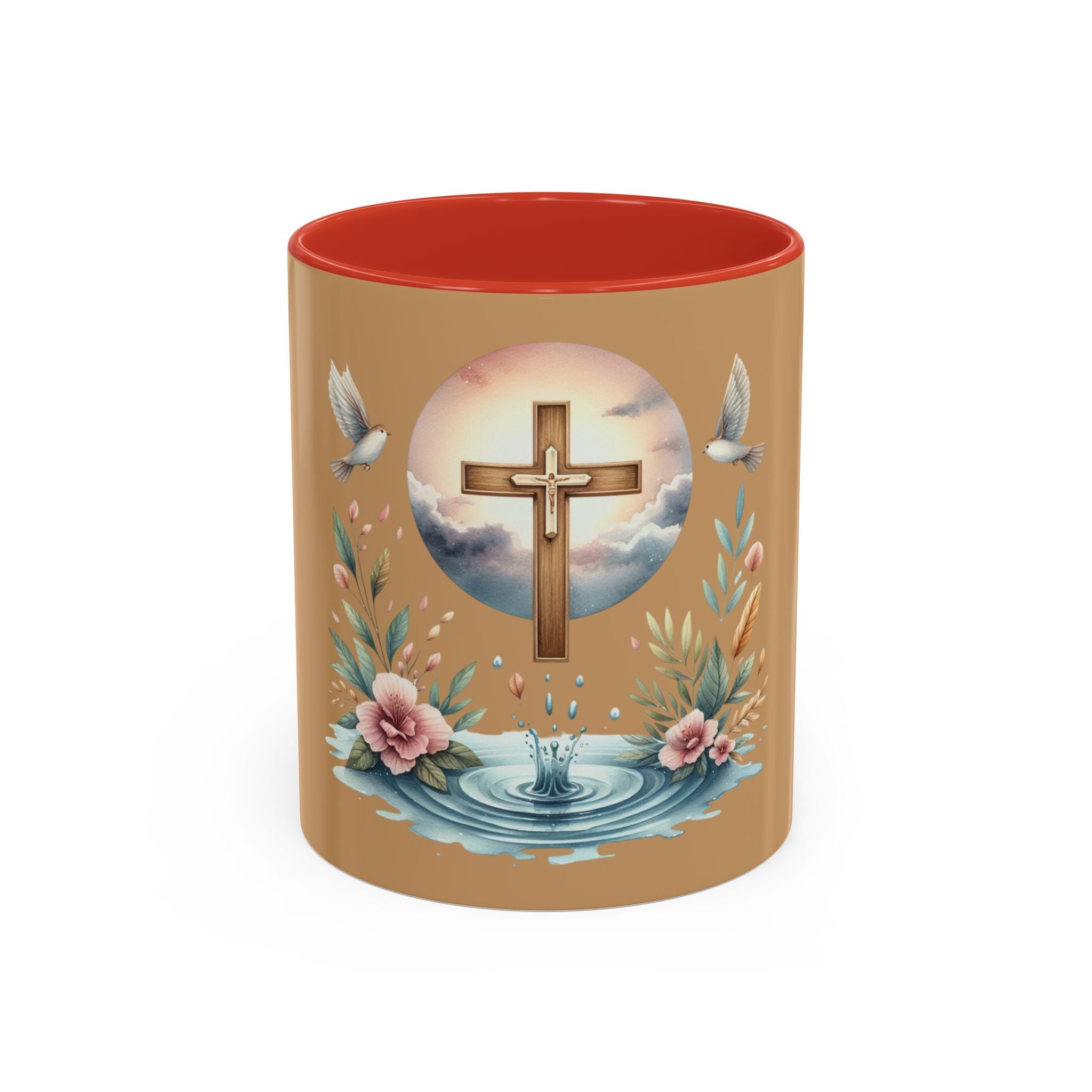 Christian Cross Accent Coffee Mug — Faith, Doves & Floral Baptism Gift (11/15oz)