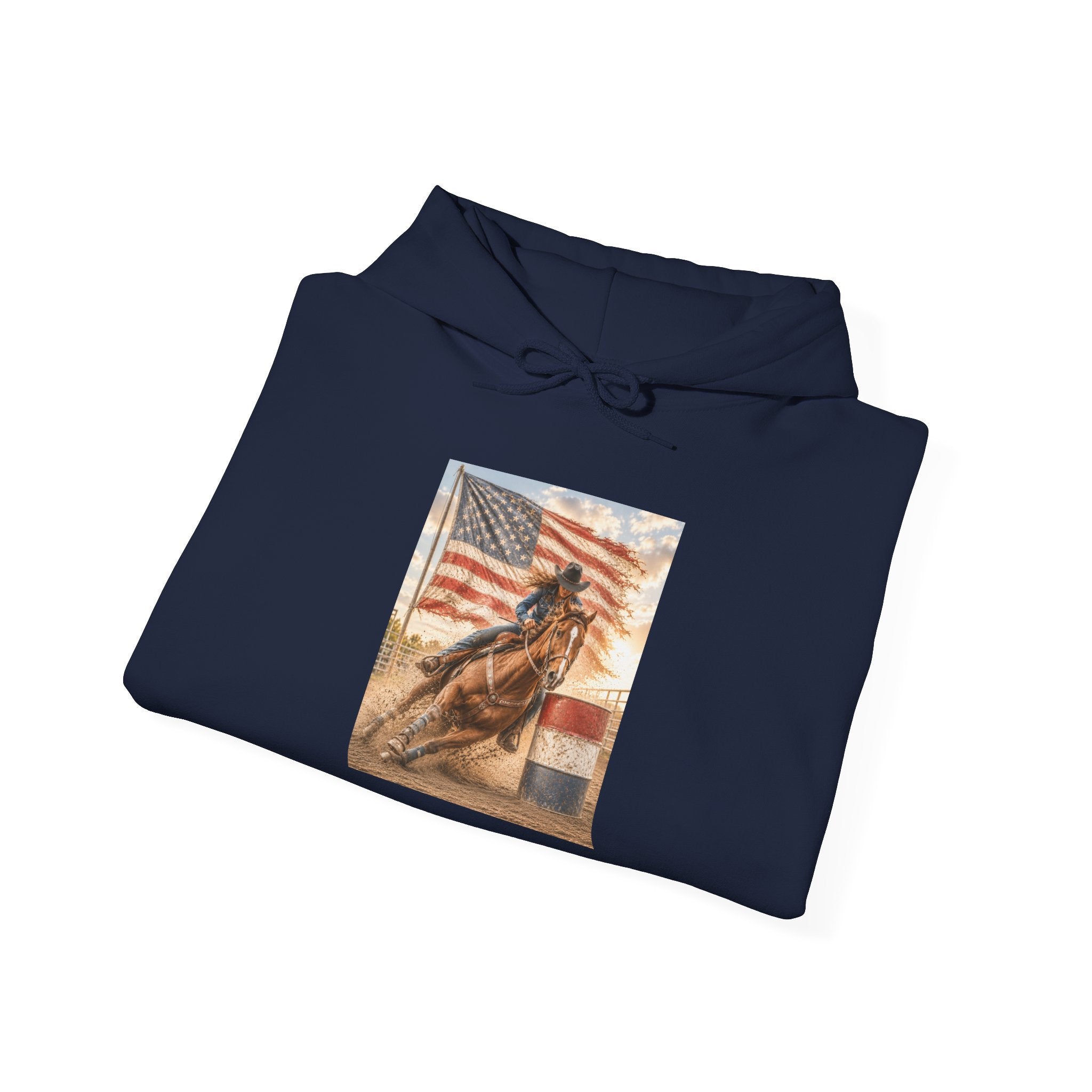 Patriotic Rodeo Horse Hoodie – American Flag Cowboy Pulled by Horse Pullover