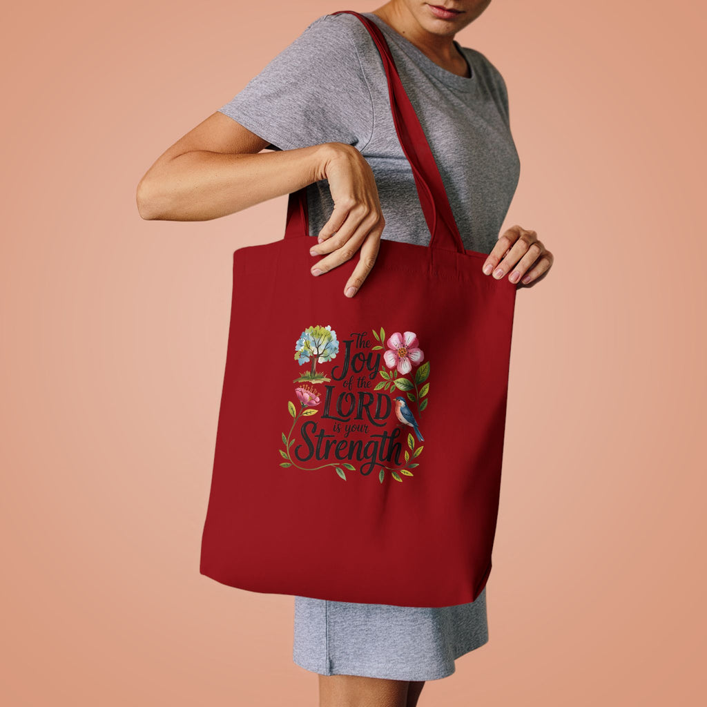 Floral Scripture Tote Bag — "The Joy of the Lord Is Your Strength" Cotton Shopper