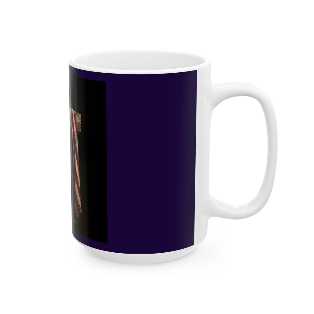 Military Tribute Ceramic Mug — Fallen Soldier Helmet, Boots & American Flag Memorial (11oz/15oz)
