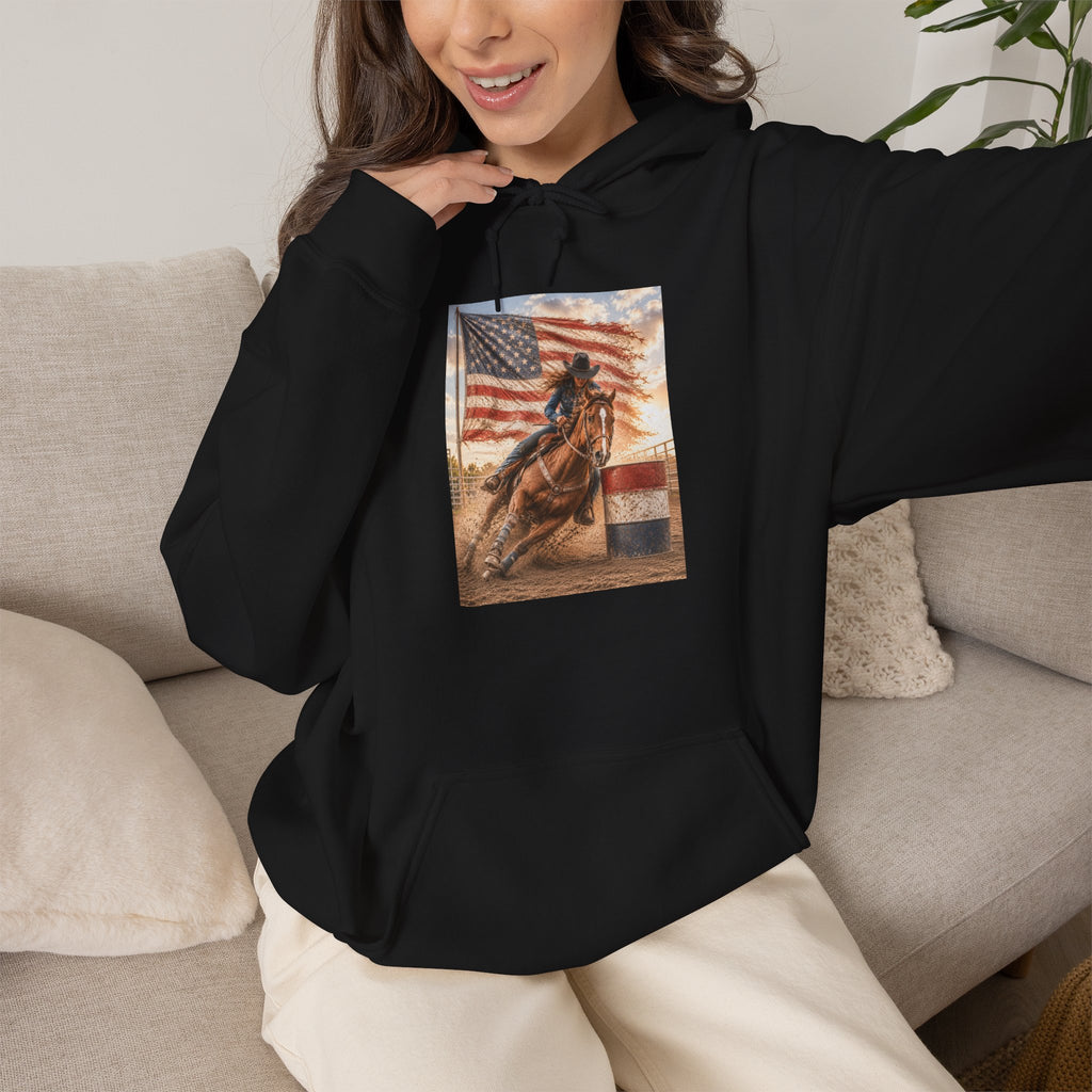 Patriotic Rodeo Horse Hoodie – American Flag Cowboy Pulled by Horse Pullover