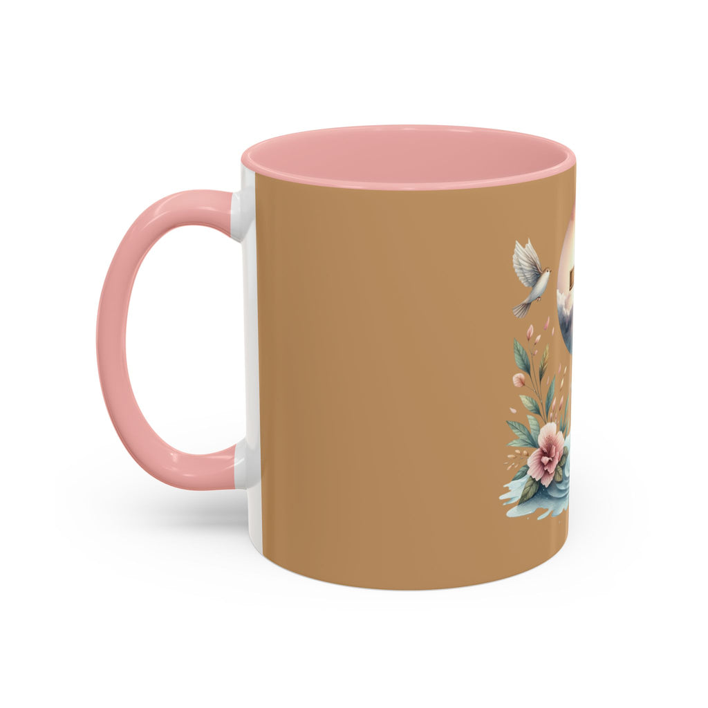 Christian Cross Accent Coffee Mug — Faith, Doves & Floral Baptism Gift (11/15oz)