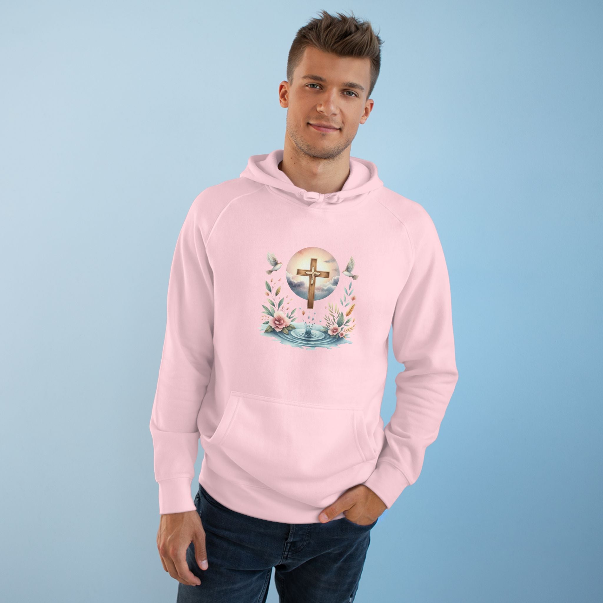 Christian Cross Floral Hoodie – Faith, Doves & Water Illustration