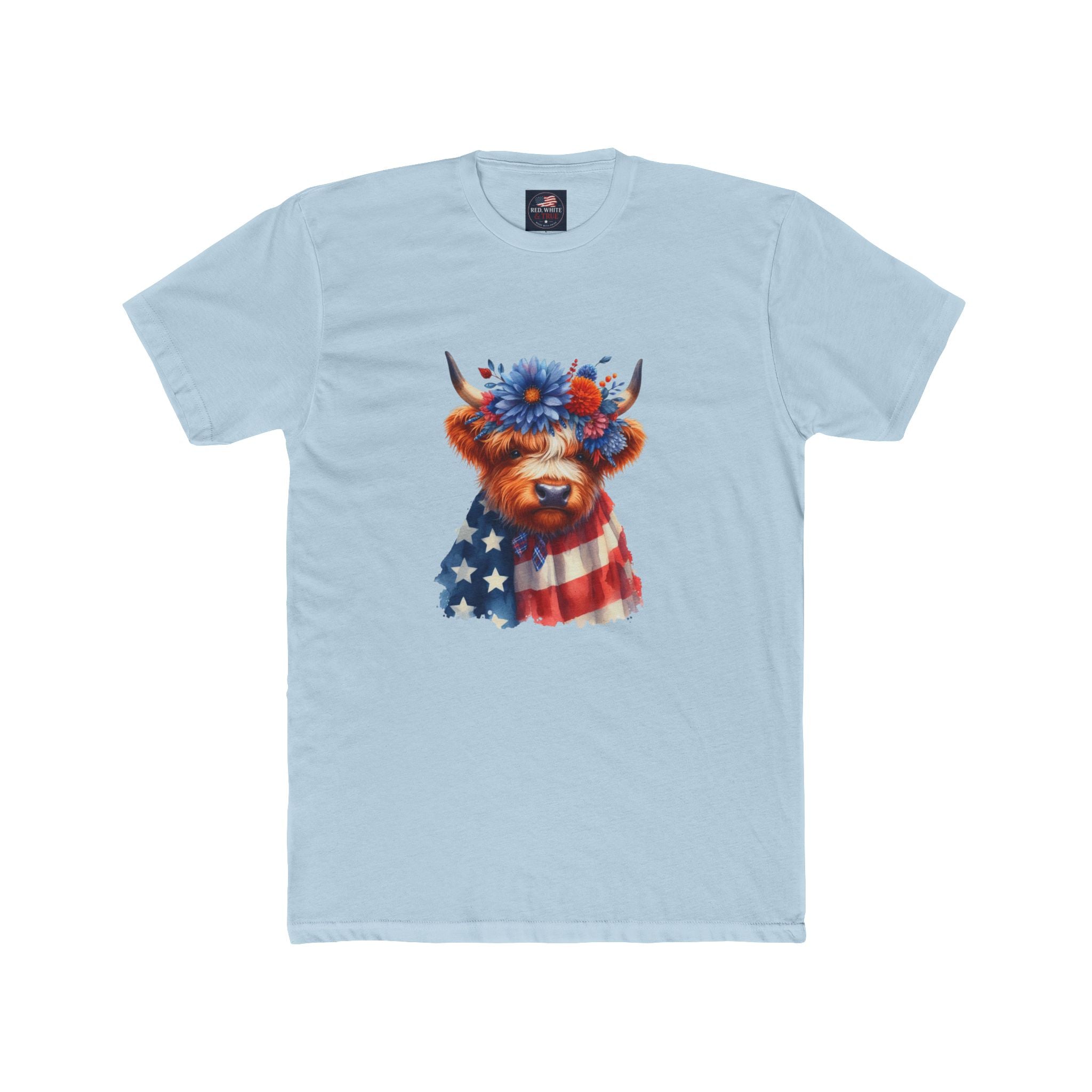 Patriotic Highland Cow T‑Shirt – American Flag & Floral Cow Graphic