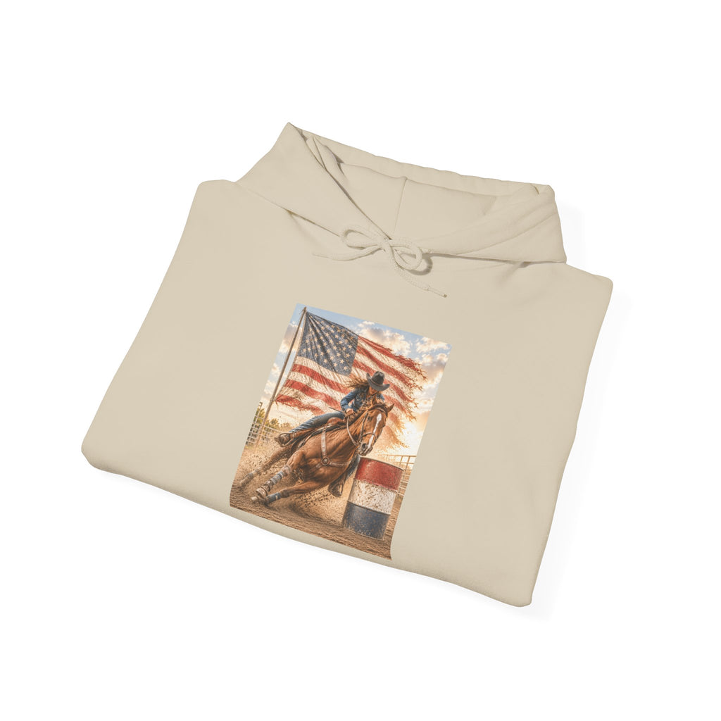Patriotic Rodeo Horse Hoodie – American Flag Cowboy Pulled by Horse Pullover