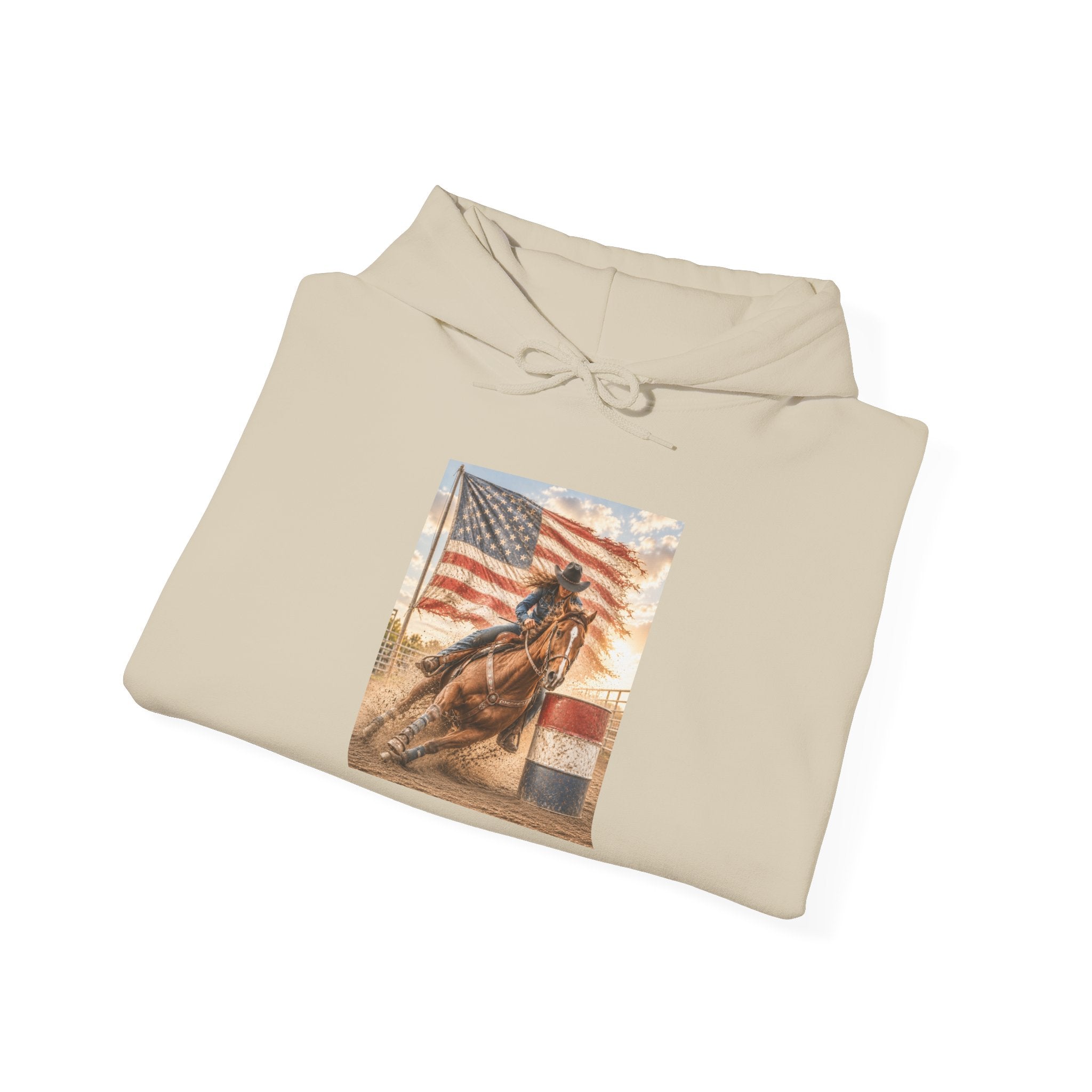 Patriotic Rodeo Horse Hoodie – American Flag Cowboy Pulled by Horse Pullover