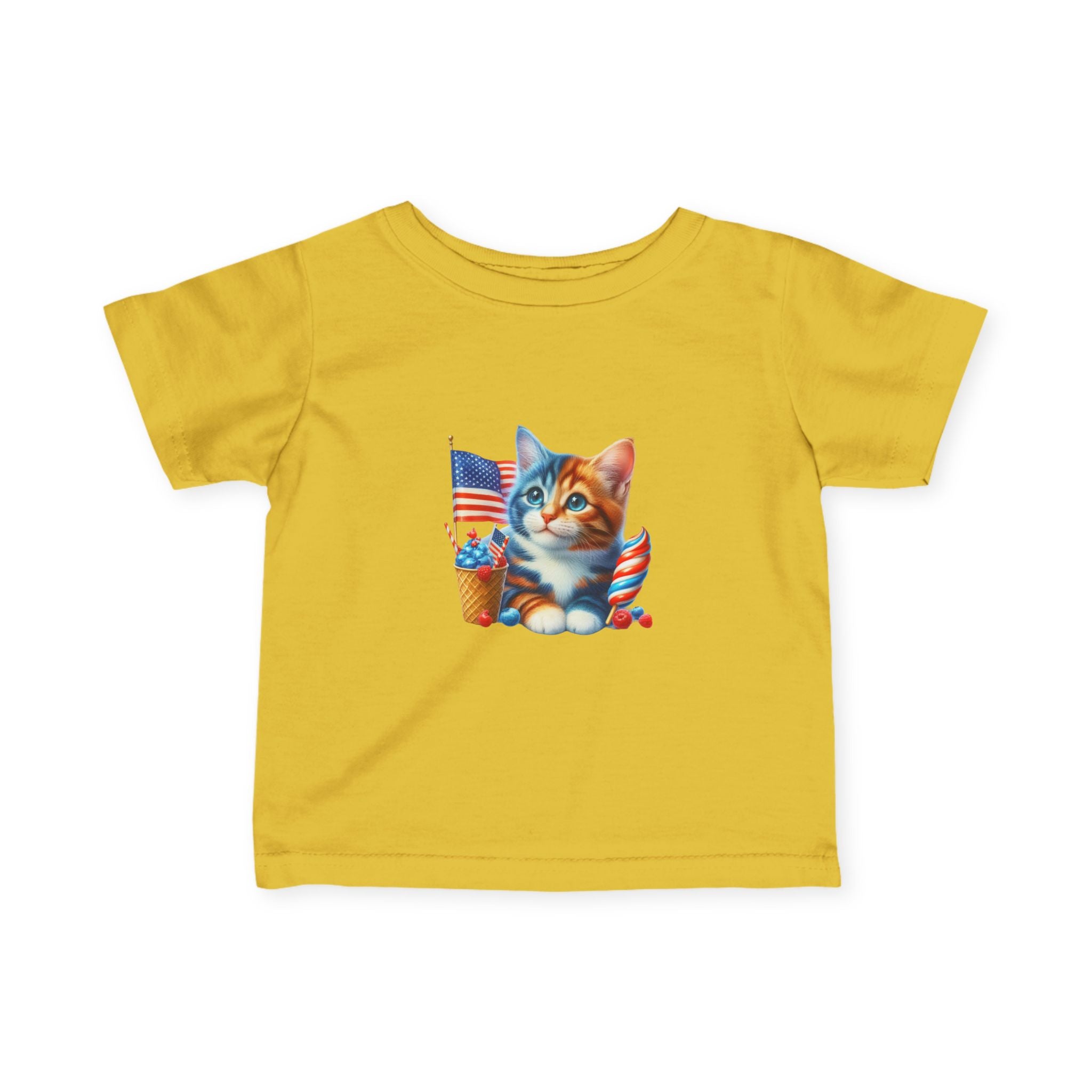 Infant Tee — Patriotic Kitten with Flags & Ice Cream (4th of July Baby Shirt)