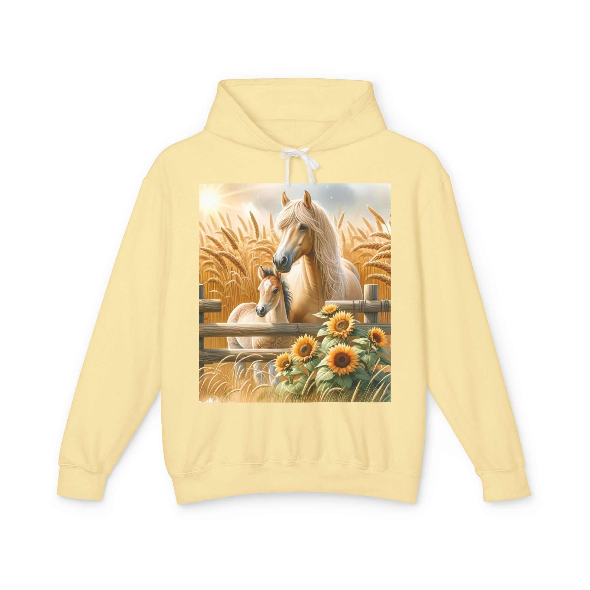 Horse & Foal Sunflower Hoodie — Pastel Farm Animal Sweatshirt