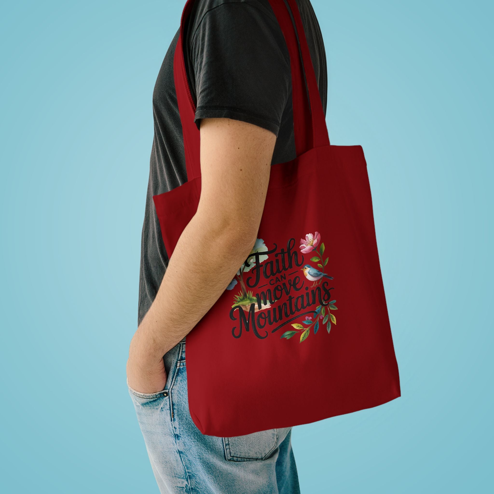 Faith Can Move Mountains Cotton Tote Bag – Floral Inspirational Grocery & Gift Tote