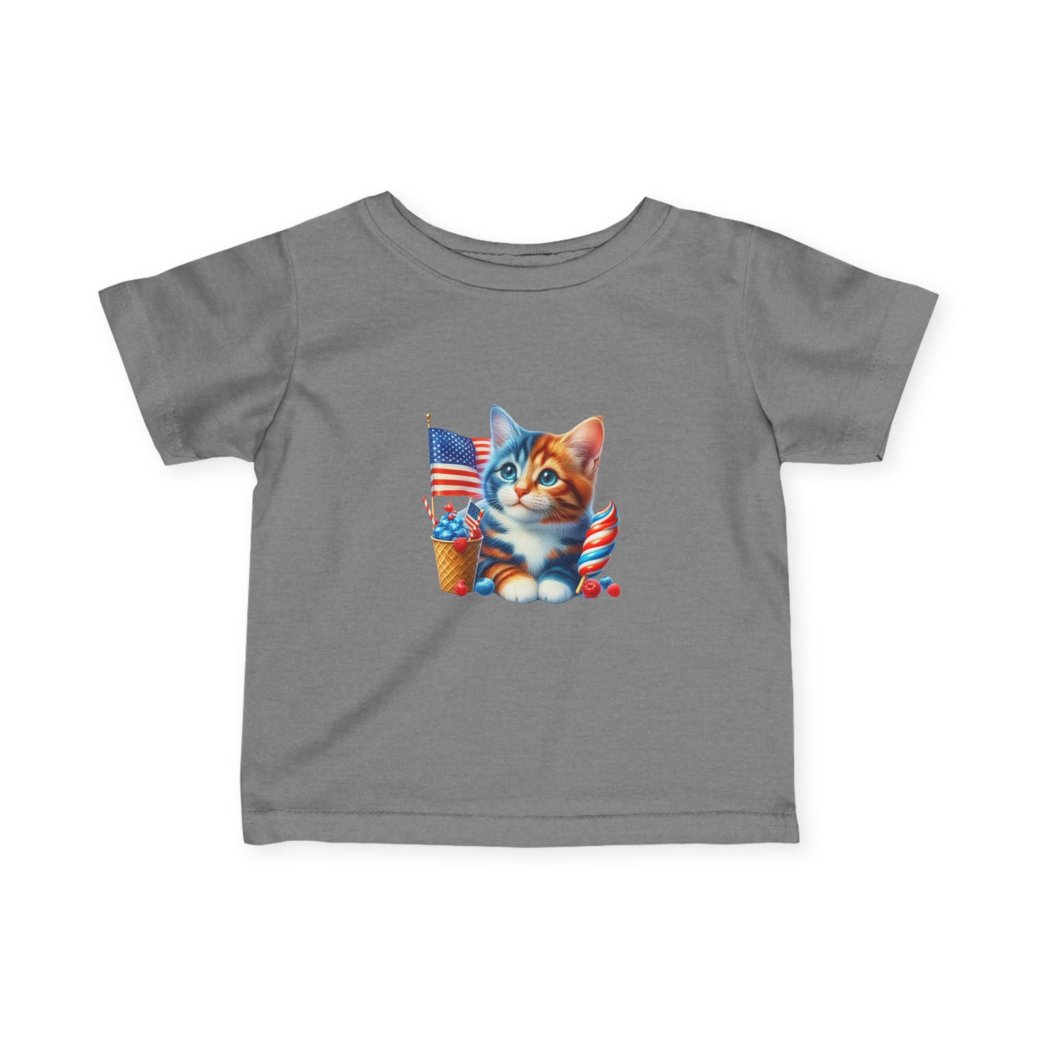 Infant Tee — Patriotic Kitten with Flags & Ice Cream (4th of July Baby Shirt)