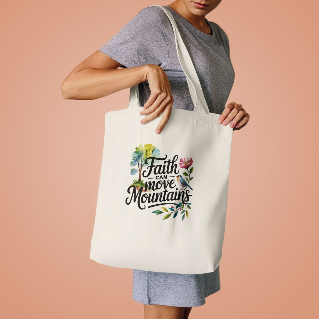 Faith Can Move Mountains Cotton Tote Bag – Floral Inspirational Grocery & Gift Tote
