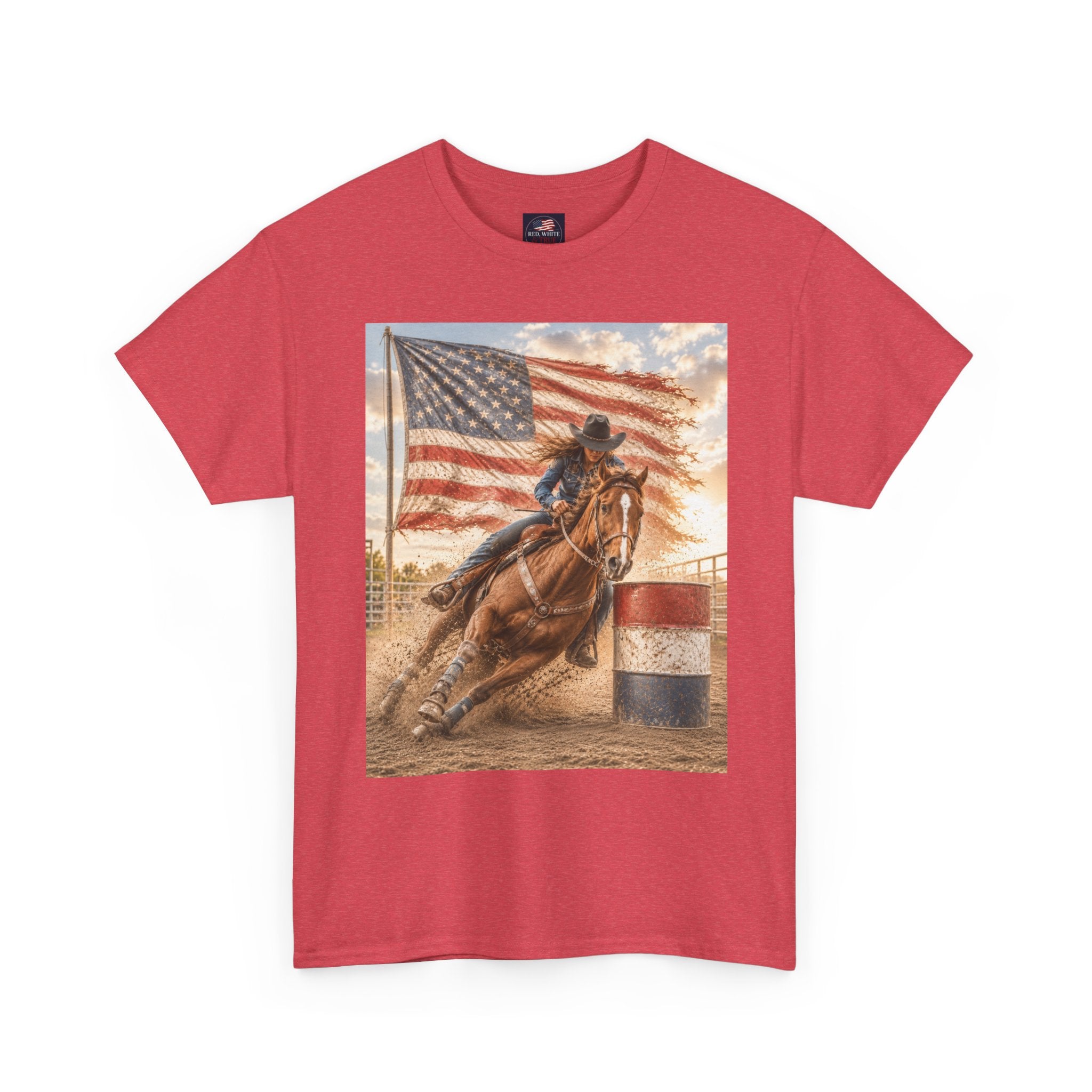 Patriotic Rodeo Barrel Racer T-Shirt — American Flag Horse Racing Tee