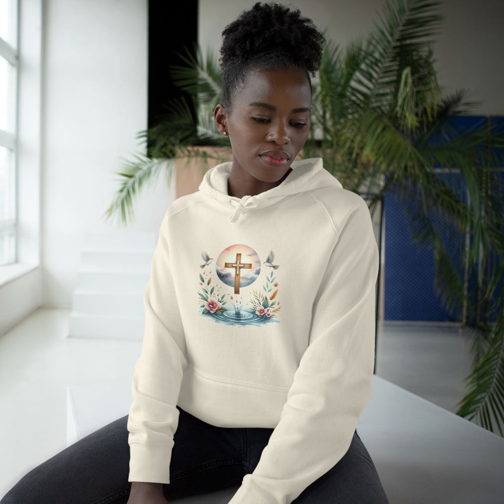 Christian Cross Floral Hoodie – Faith, Doves & Water Illustration