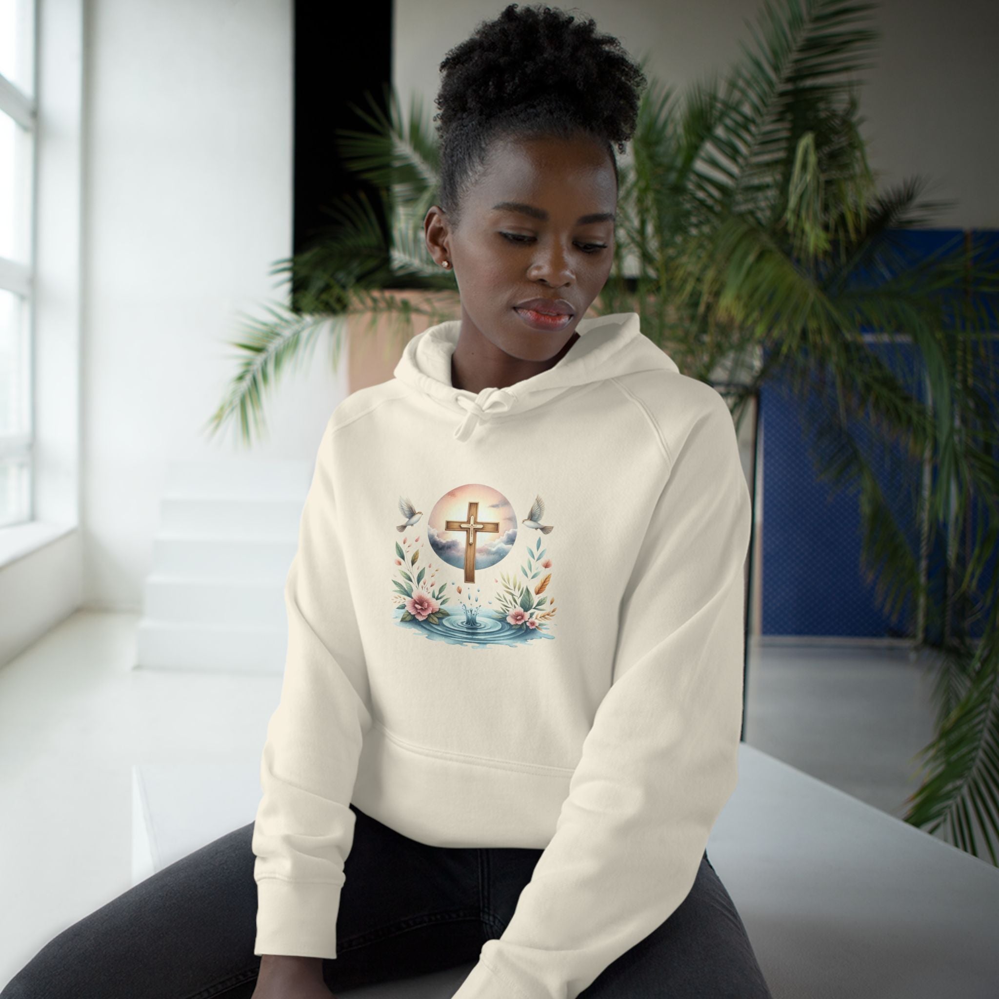 Christian Cross Floral Hoodie – Faith, Doves & Water Illustration