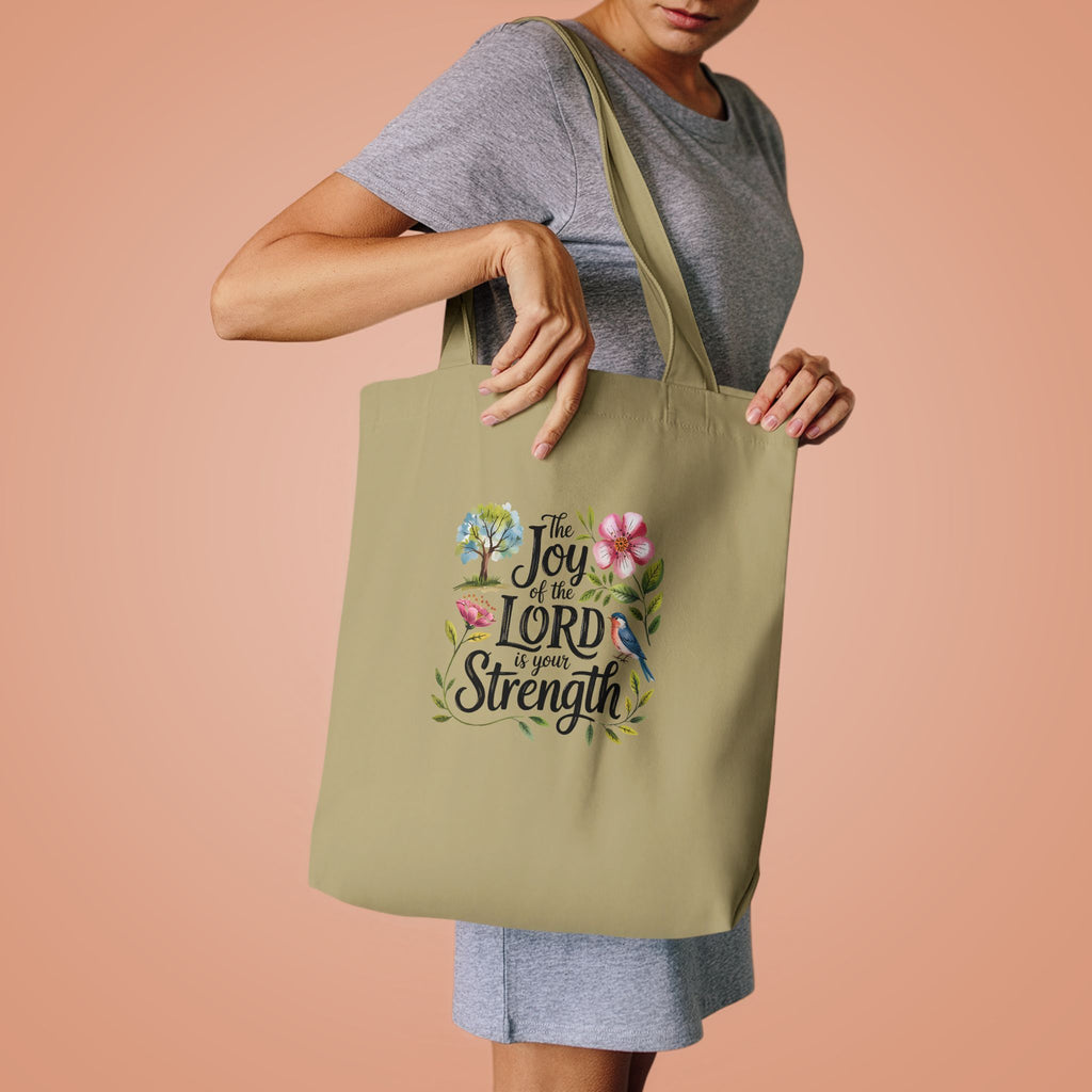 Floral Scripture Tote Bag — "The Joy of the Lord Is Your Strength" Cotton Shopper