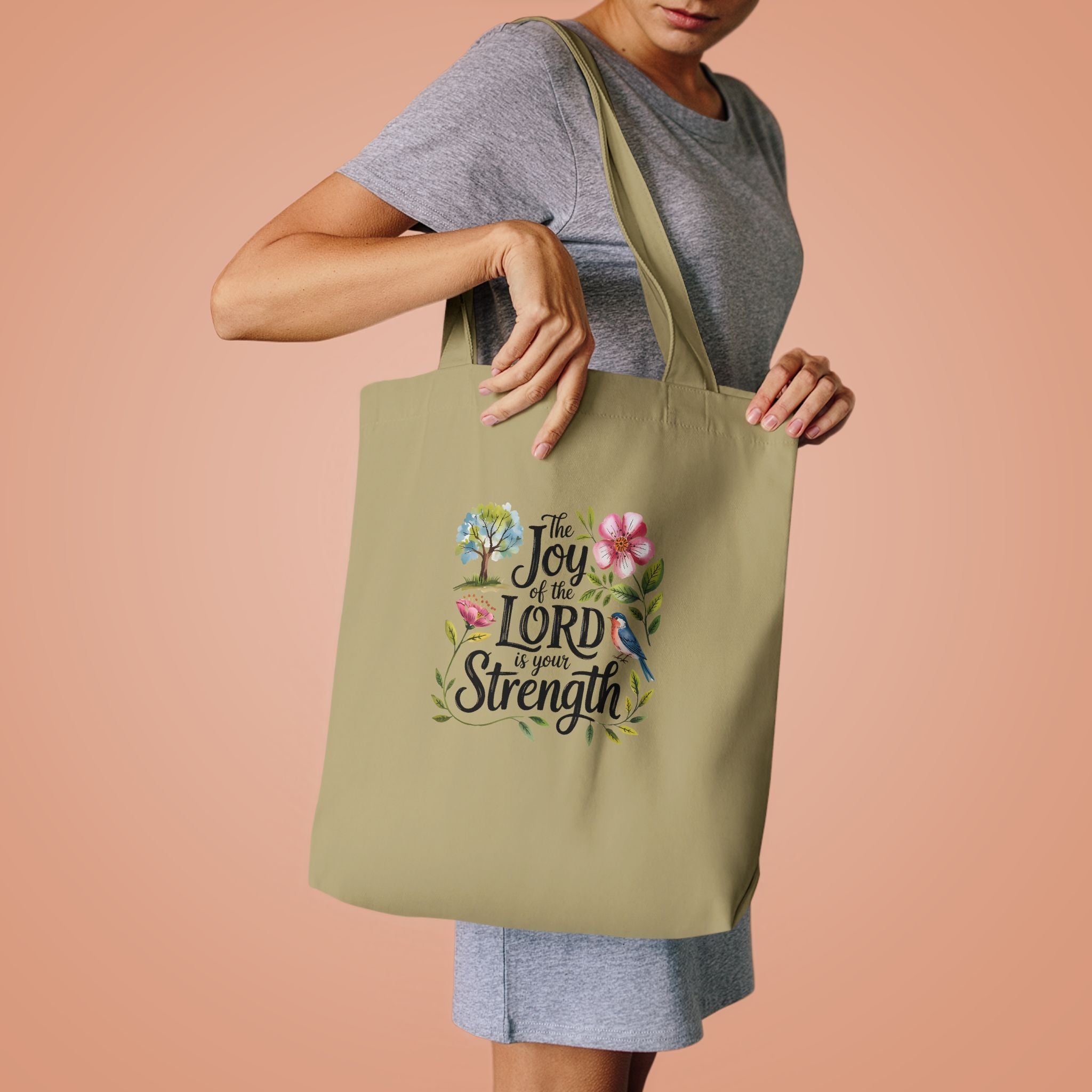 Floral Scripture Tote Bag — "The Joy of the Lord Is Your Strength" Cotton Shopper