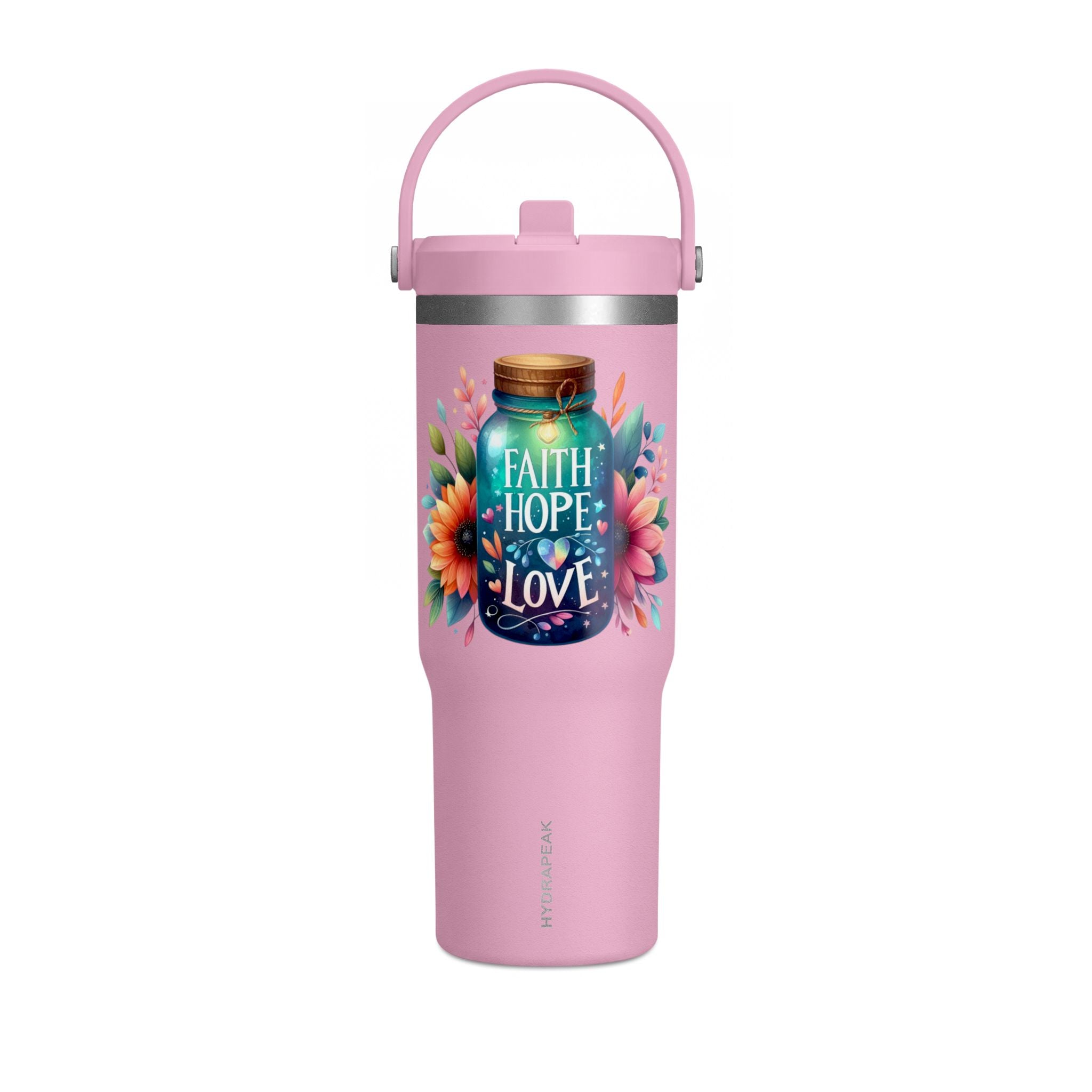 Faith Hope Love Tumbler — 32oz Insulated Travel Tumbler with Floral Jar Design