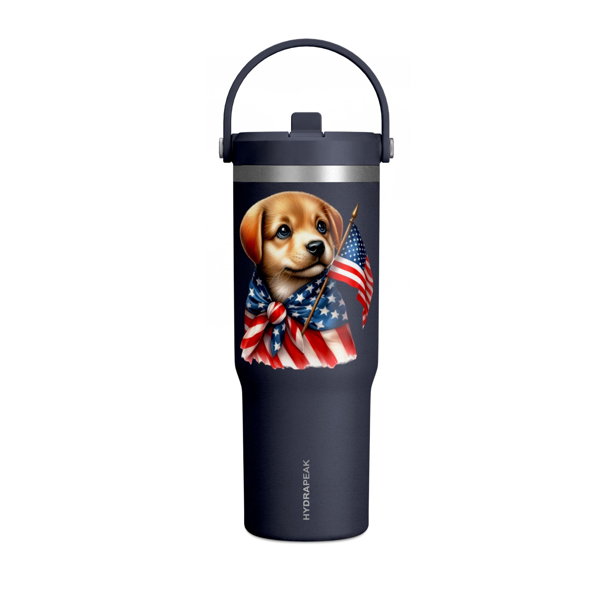 Patriotic Puppy 32oz Tumbler — American Flag Dog Travel Mug