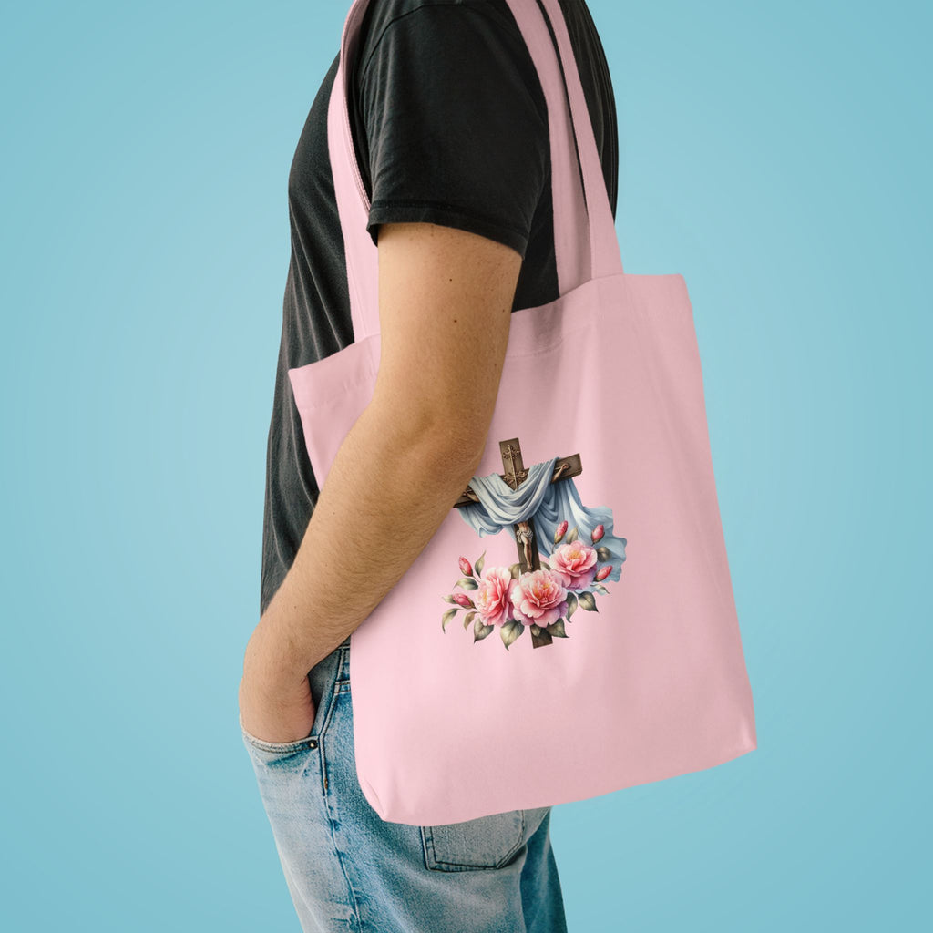 Religious Cross & Roses Cotton Tote Bag — Faith Floral Market Bag
