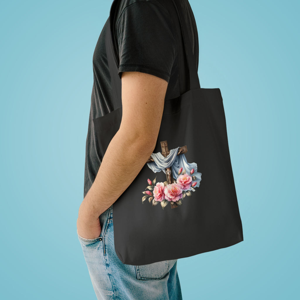 Religious Cross & Roses Cotton Tote Bag — Faith Floral Market Bag