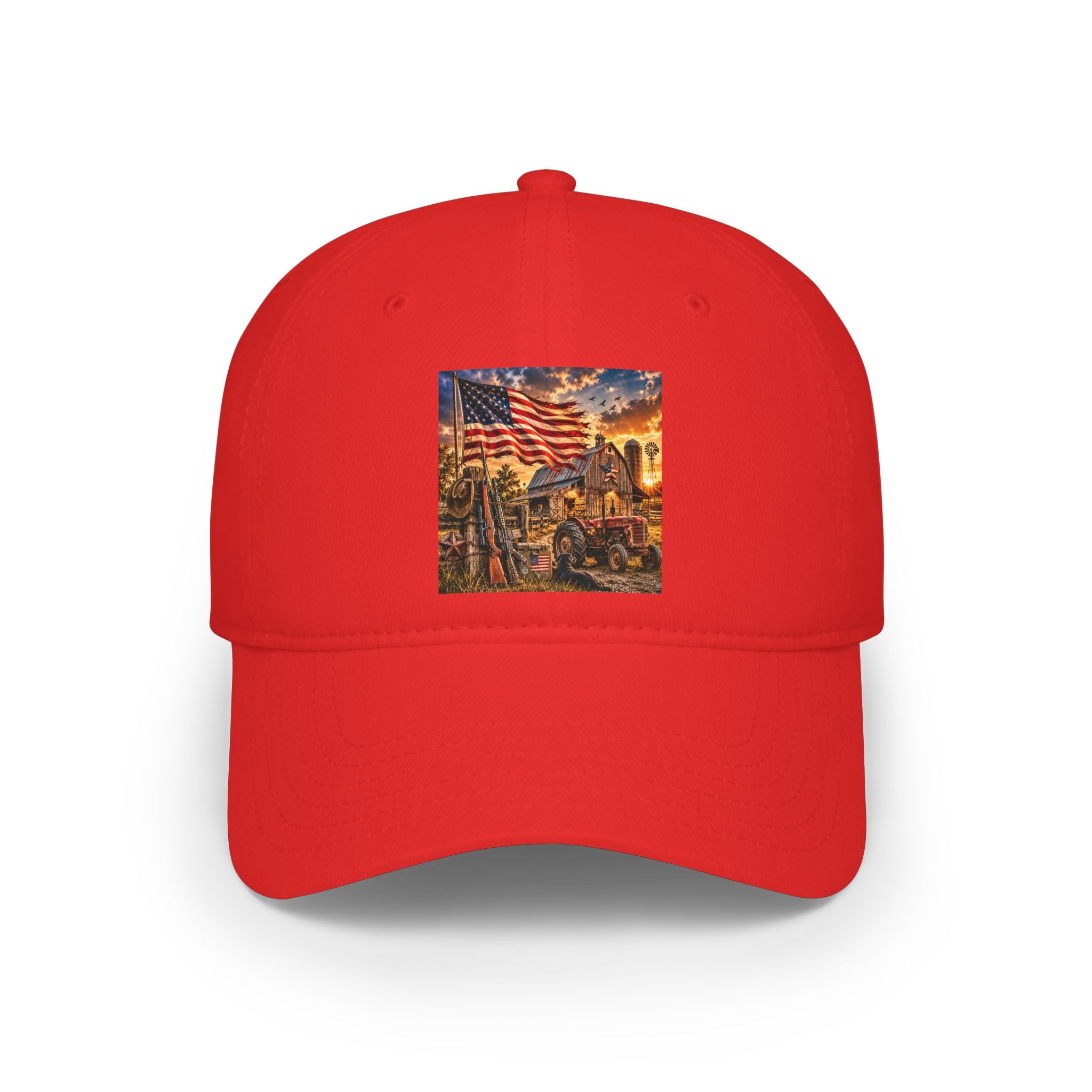 Patriotic Firefighter Scene Baseball Cap — American Flag Firefighter Tribute Hat