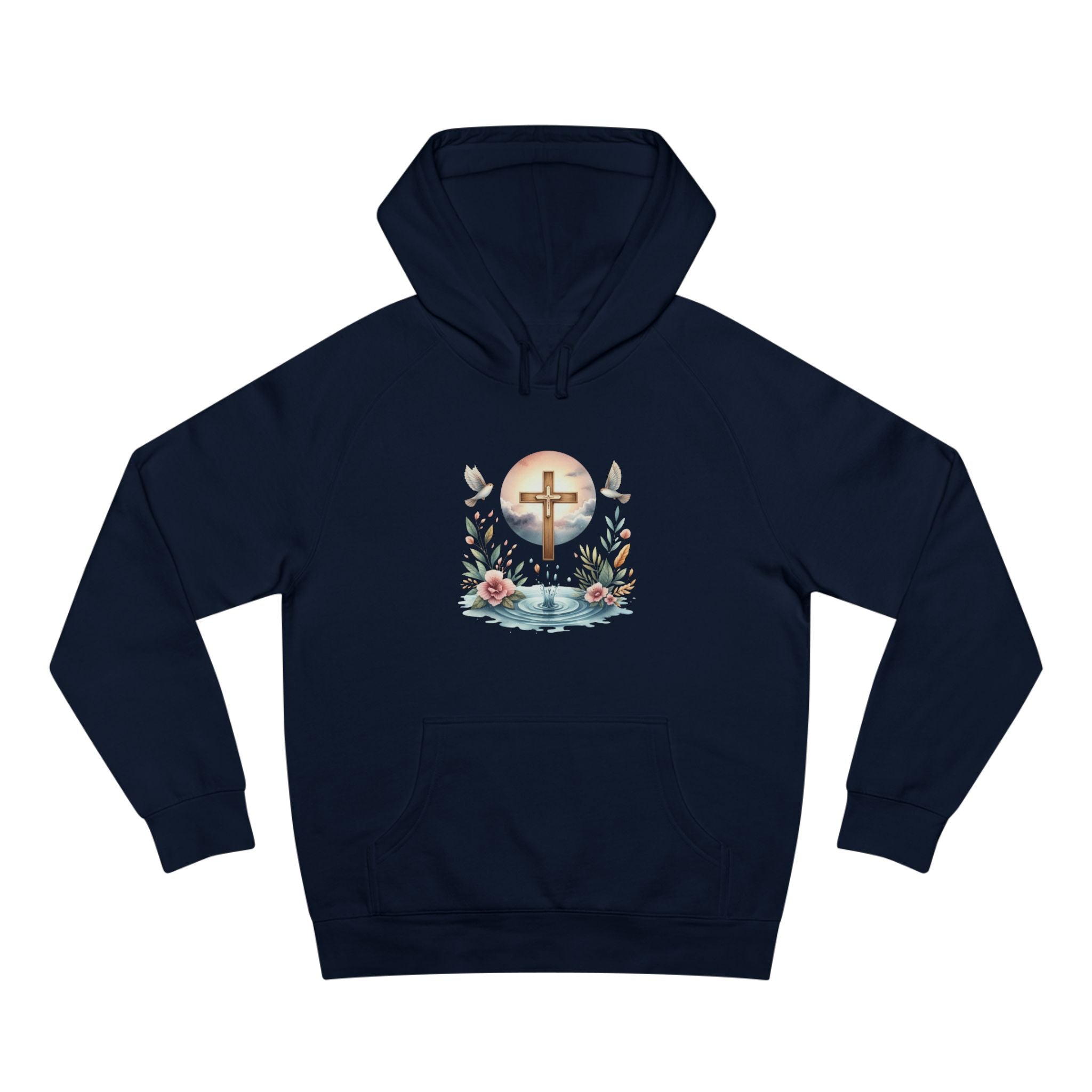 Christian Cross Floral Hoodie – Faith, Doves & Water Illustration