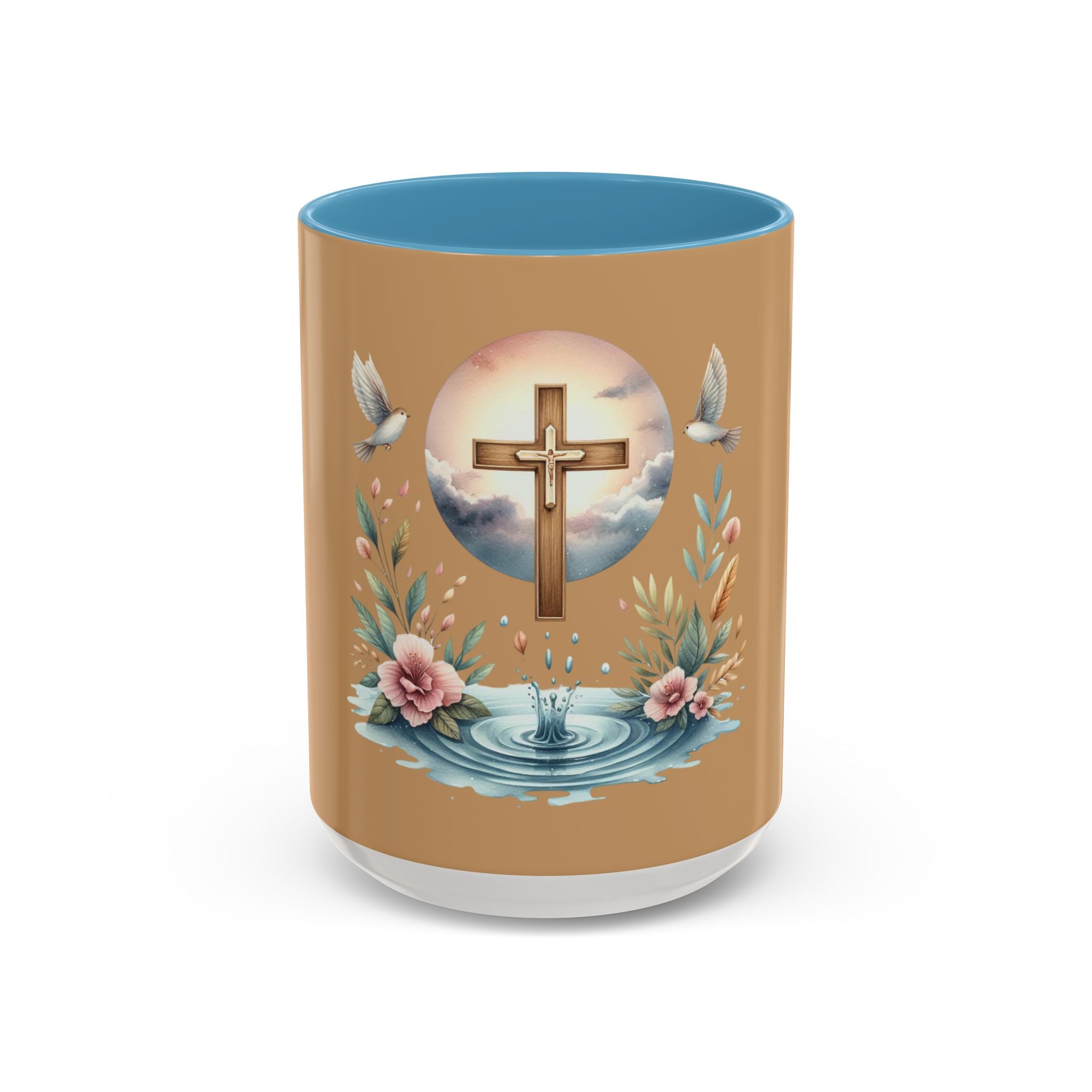Christian Cross Accent Coffee Mug — Faith, Doves & Floral Baptism Gift (11/15oz)