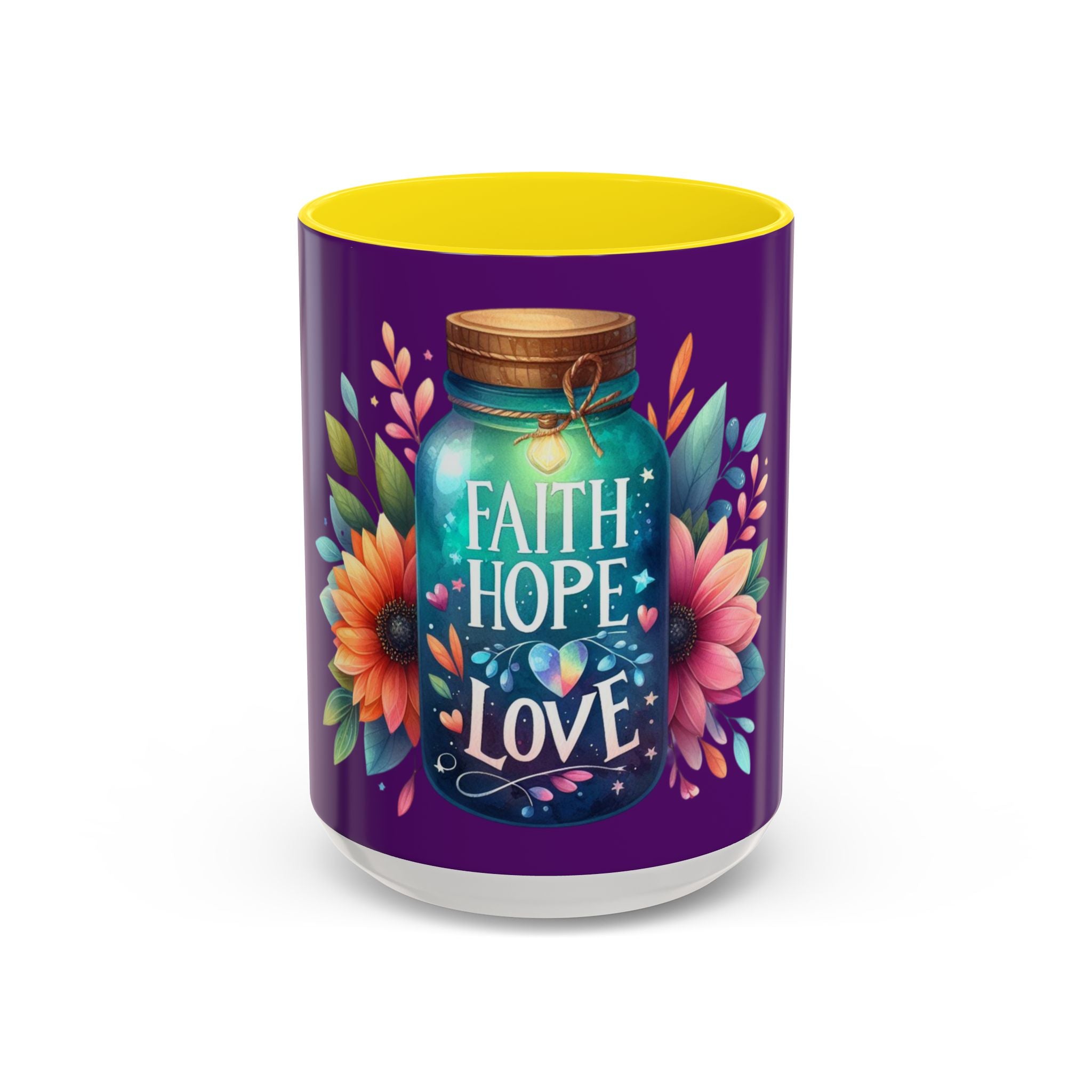 Faith Hope Love Accent Coffee Mug — Floral Jar Design (11/15 oz)