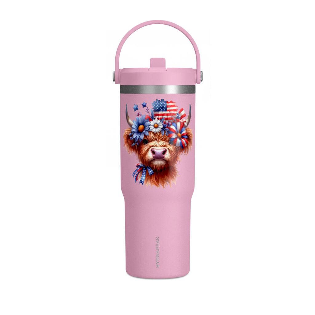 Patriotic Highland Cow 32oz Tumbler – Insulated Travel Mug with American Flag Floral Design