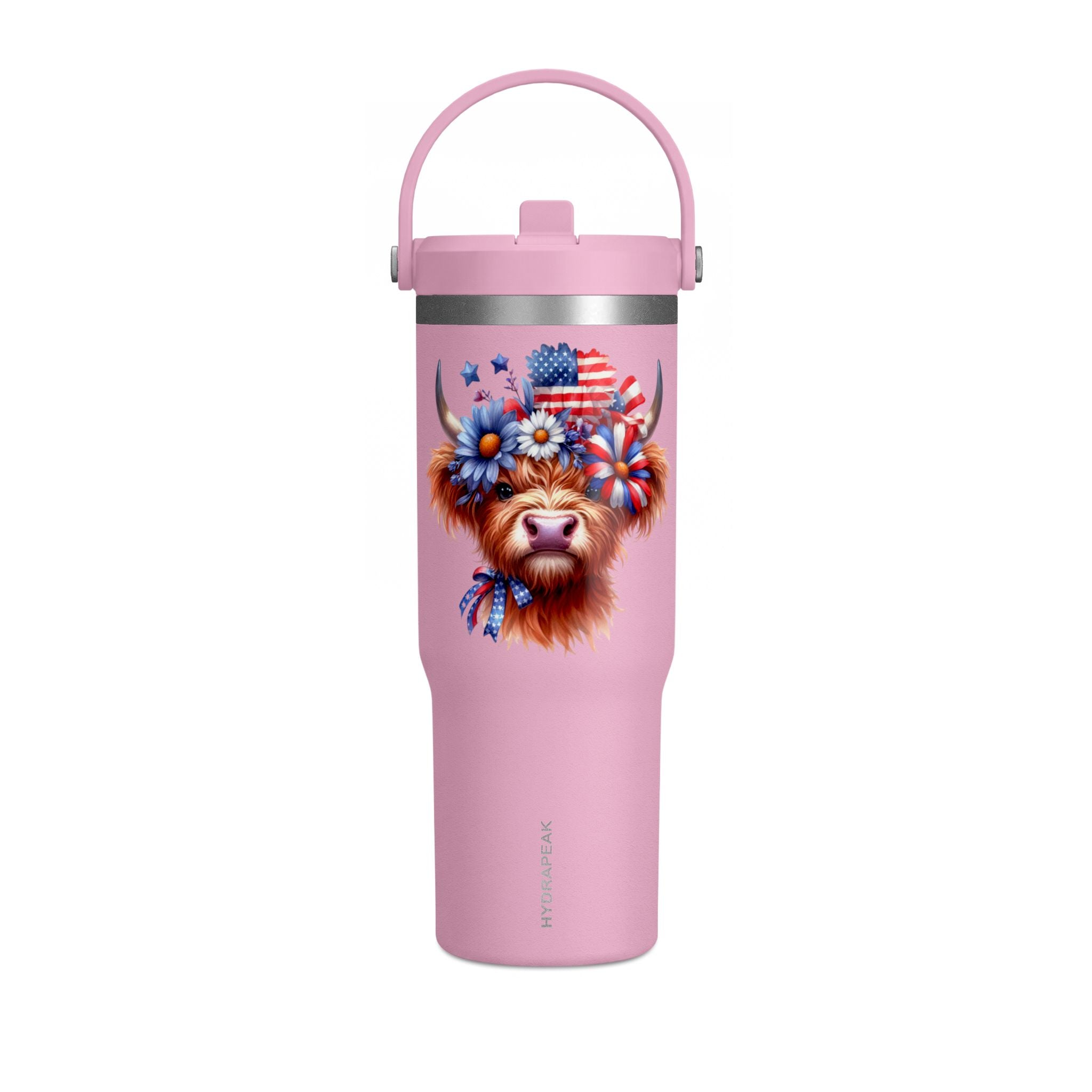 Patriotic Highland Cow 32oz Tumbler – Insulated Travel Mug with American Flag Floral Design