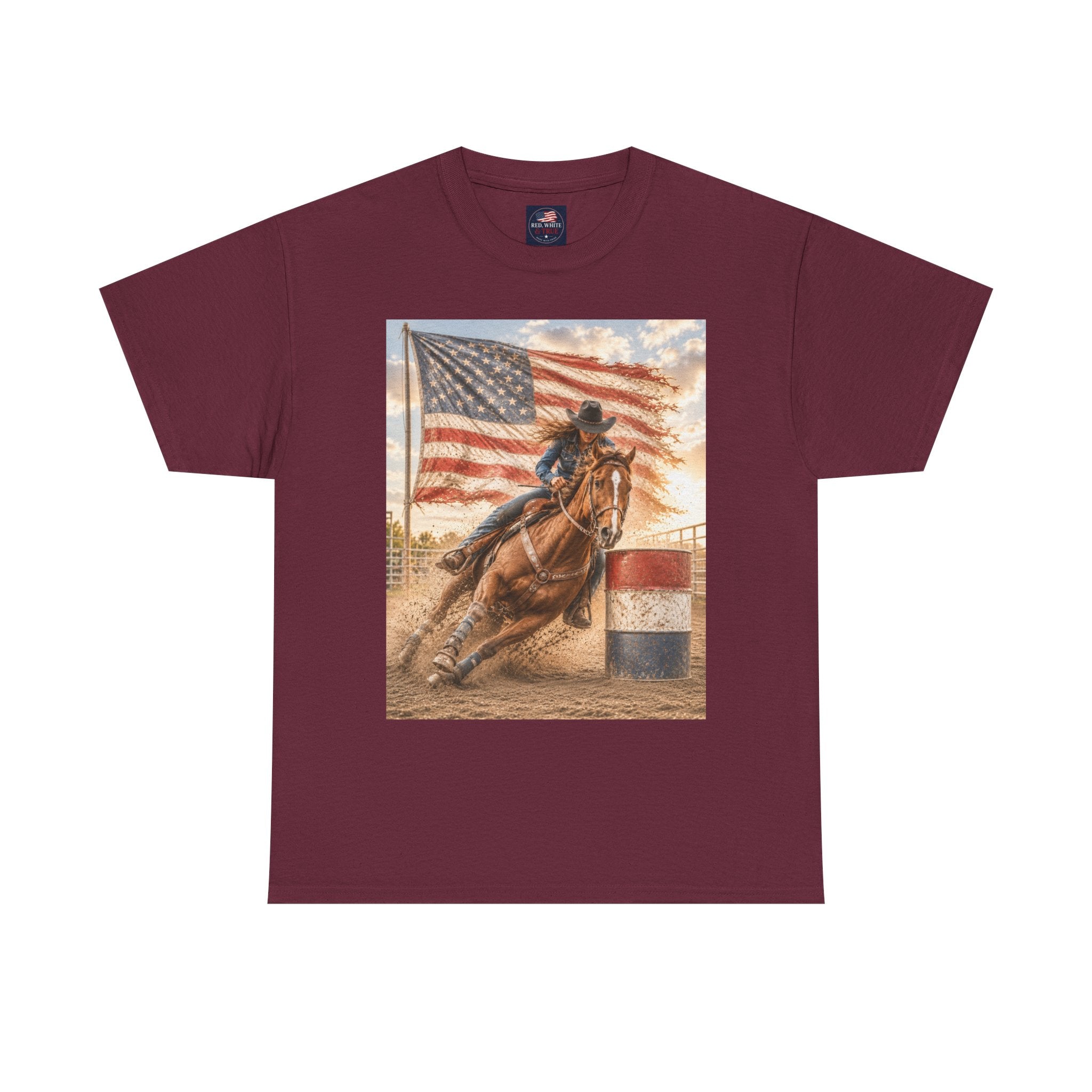 Patriotic Rodeo Barrel Racer T-Shirt — American Flag Horse Racing Tee