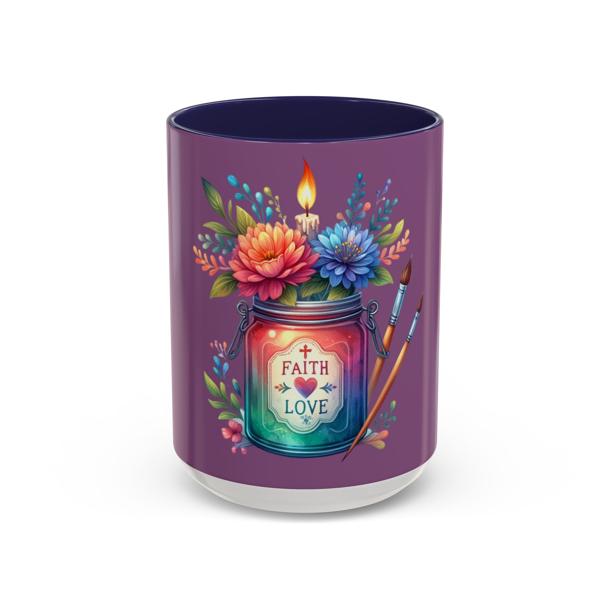 Faith & Love Floral Accent Coffee Mug — Colorful Candle Jar Design (11/15oz)