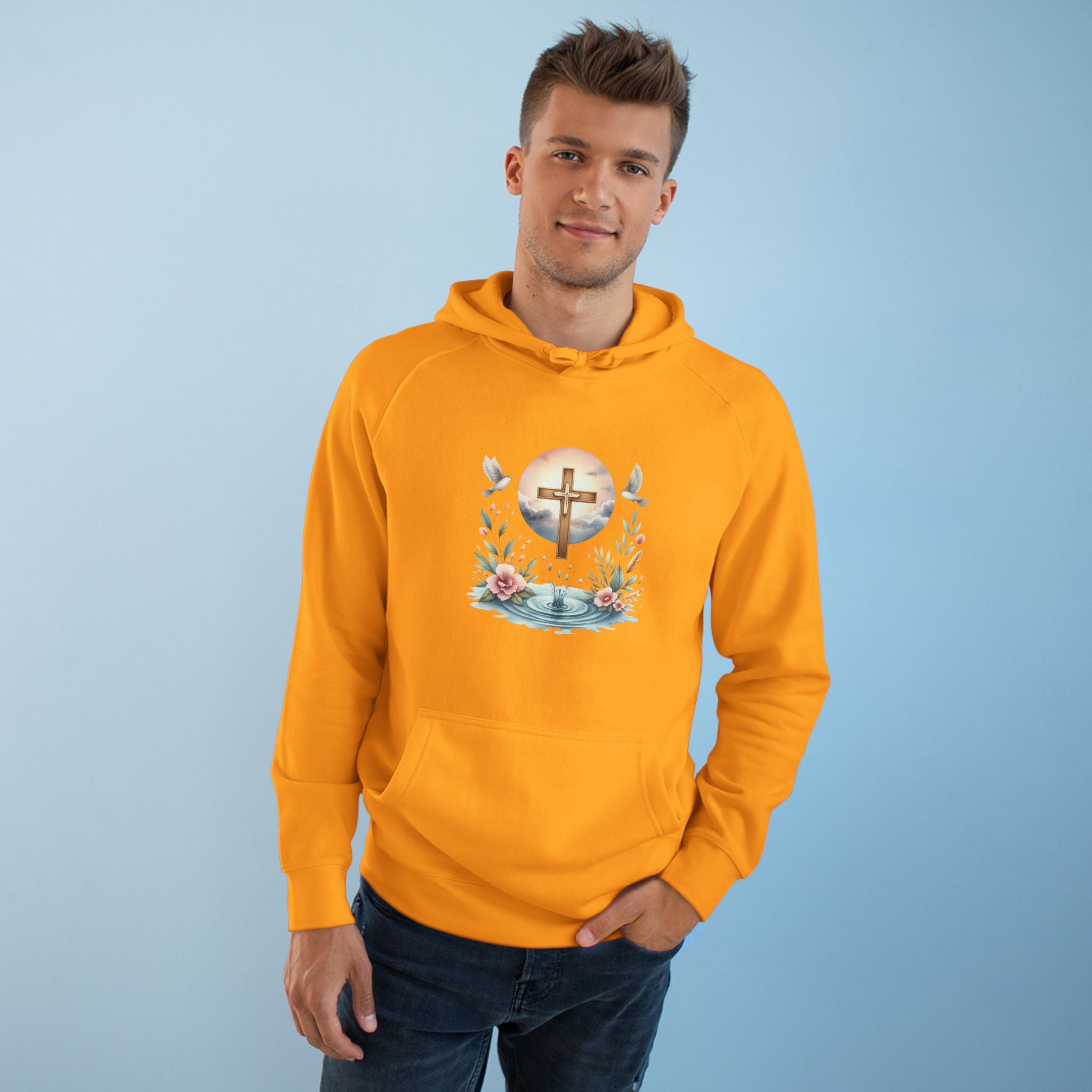 Christian Cross Floral Hoodie – Faith, Doves & Water Illustration